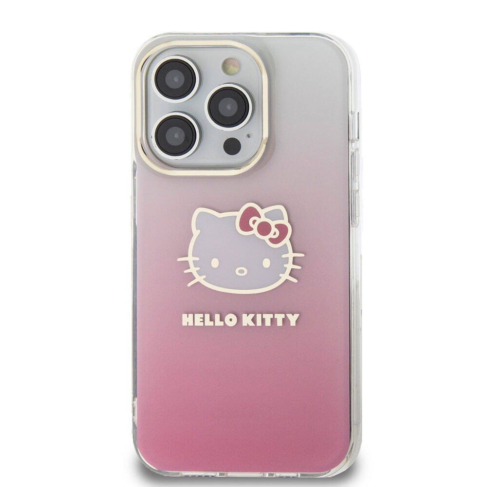 iPhone 15 Pro Kılıf Hello Kitty Orjinal Lisanslı Yazı ve İkonik Logolu Elektroplating Kaplama Gradyan Kılıf