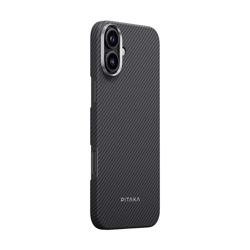 iPhone 16 Plus Kılıf Magsafe Şarj Özellikli 600D Aramid Fiber Pitaka Ultra-Slim Classic Serisi Black-Grey Twill Kılıf