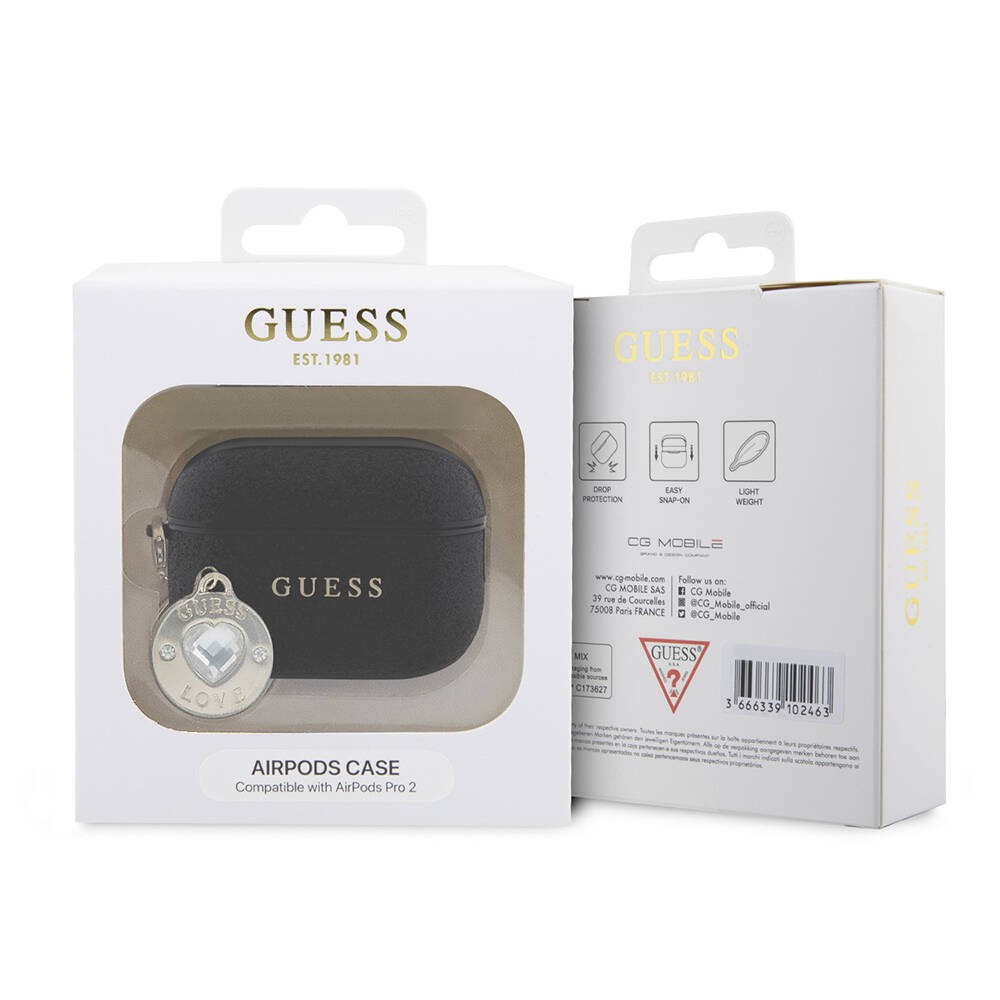 Airpods Pro 2 Kılıf Guess Orjinal Lisanslı Glitter Elmas Kalp Süs Zincirli Kapak