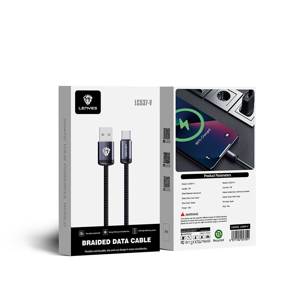 Lenyes LC537 USB-A to Micro Hızlı Şarj Özellikli Örgülü Data ve Şarj Kablosu 10W 1M