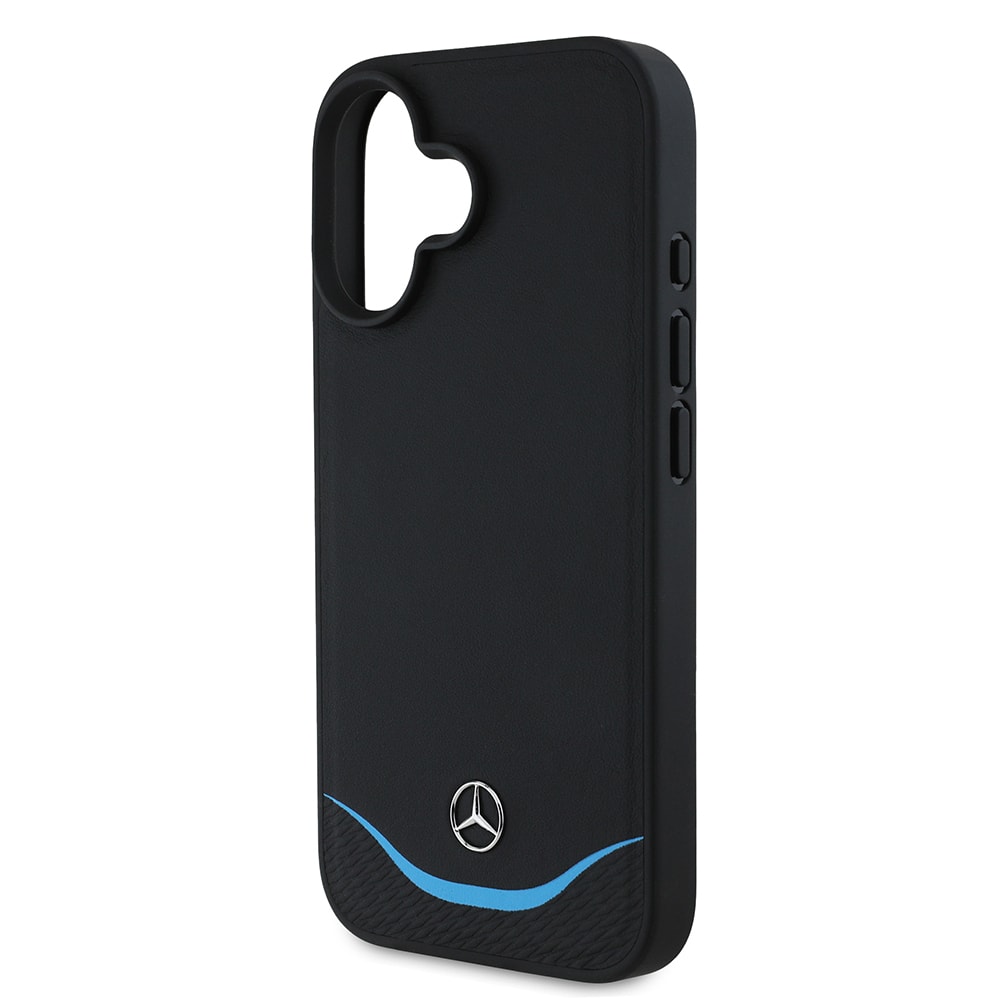 Apple iPhone 16 Kılıf Mercedes Benz Orjinal Lisanslı M-safe Şarj Özellikli 3D Metal Logolu Mavi Yatay Eğri Çizgili Deri Kapak