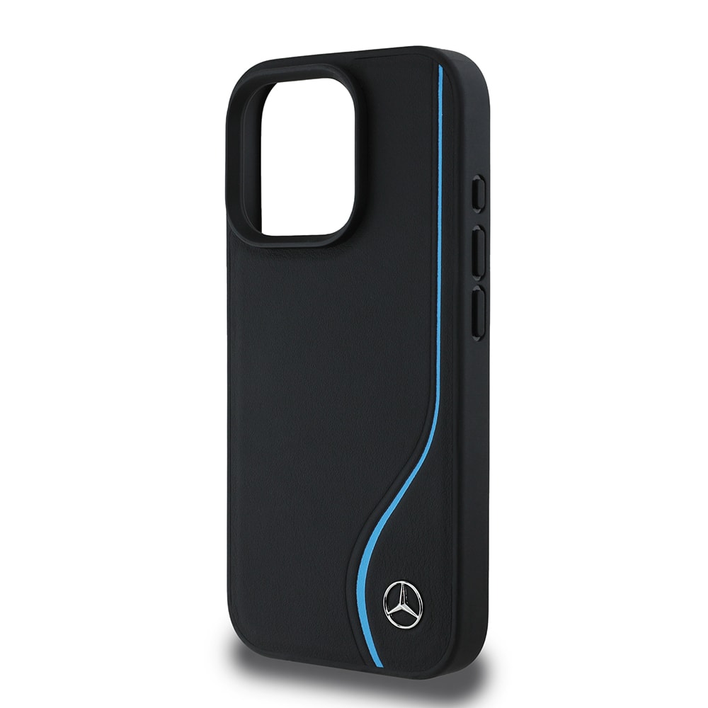 Apple iPhone 16 Pro Max Kılıf Mercedes Benz Orjinal Lisanslı M-safe Şarj Özellikli 3D Metal Logolu Mavi Dikey Eğri Çizgili Deri Kapak