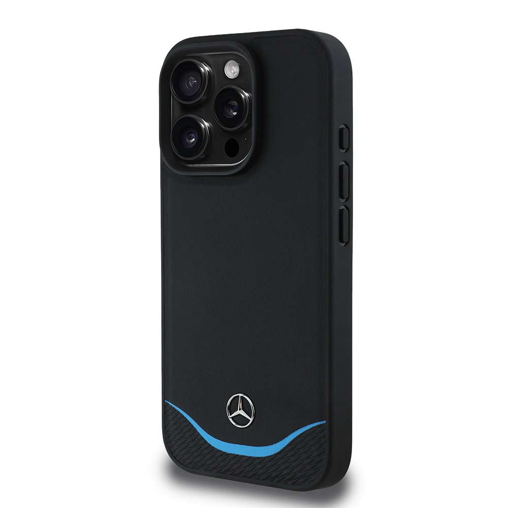 Apple iPhone 16 Pro Kılıf Mercedes Benz Orjinal Lisanslı M-safe Şarj Özellikli 3D Metal Logolu Mavi Yatay Eğri Çizgili Deri Kapak
