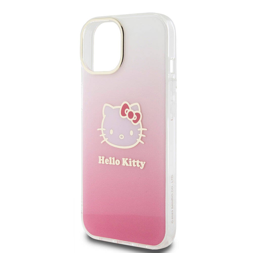 iPhone 15 Kılıf Hello Kitty Orjinal Lisanslı Yazı ve İkonik Logolu Elektroplating Kaplama Gradyan Kılıf