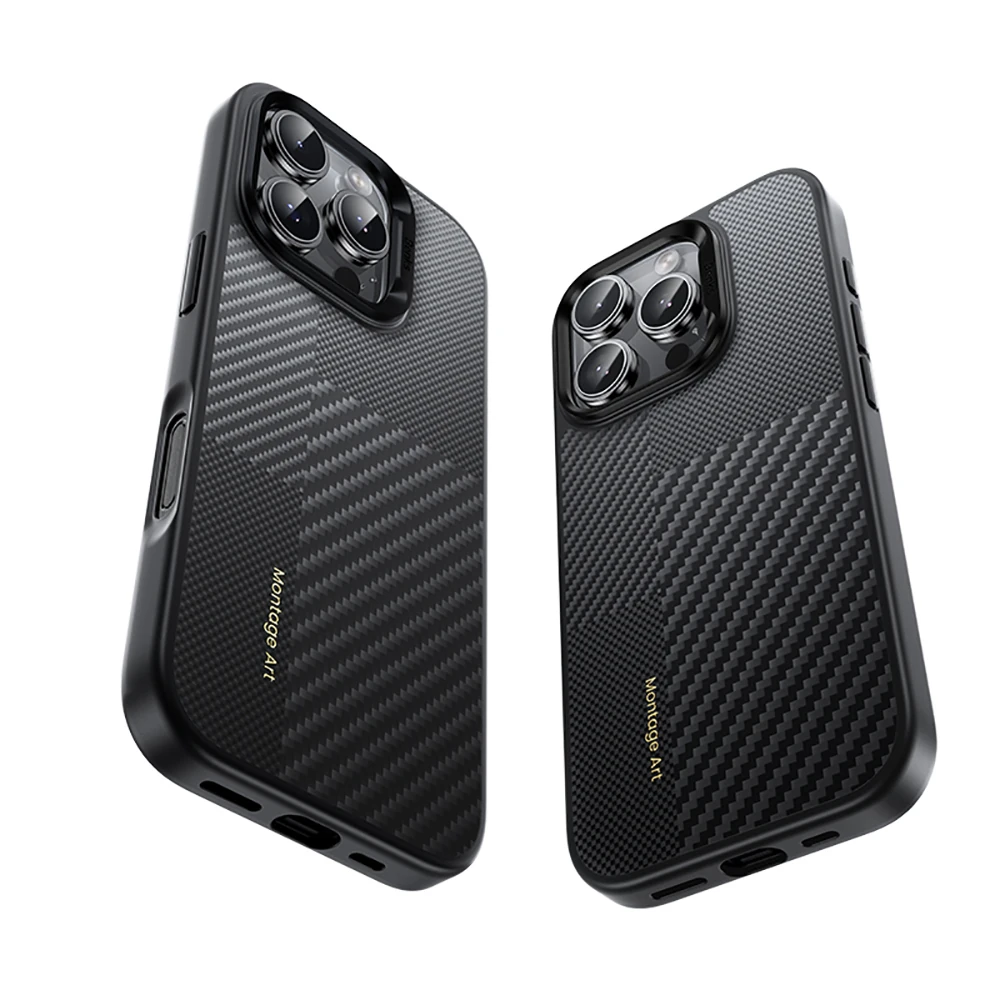 Apple iPhone 16 Pro Max Kılıf Karbon Fiber M-safe Şarj Özellikli Kamera Kontrol Butonlu Benks Hybrid ArmorPro Montage Kevlar Kapak