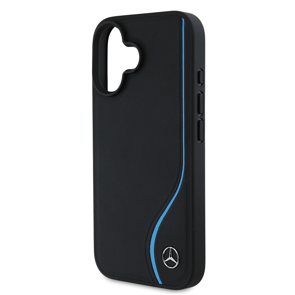 Apple iPhone 16 Kılıf Mercedes Benz Orjinal Lisanslı M-safe Şarj Özellikli 3D Metal Logolu Mavi Dikey Eğri Çizgili Deri Kapak
