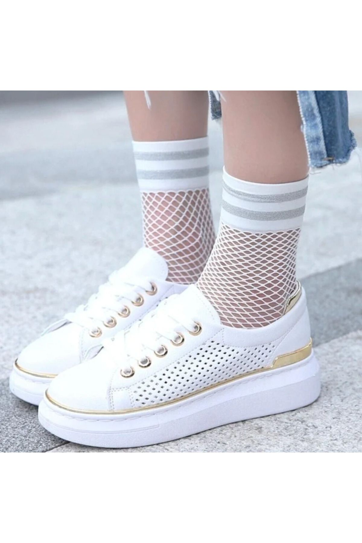 2'li Simli Siyah ve Beyaz File Fishnet Soket Kadın Çorap