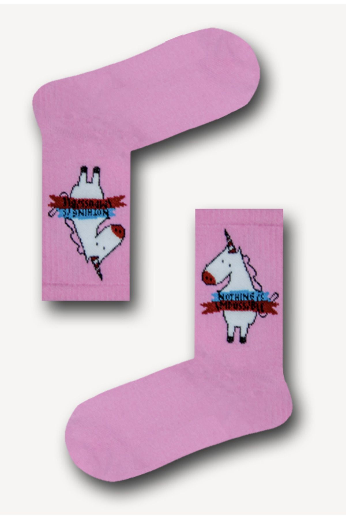 Unicorn Desenli Pembe Kolej Çorap