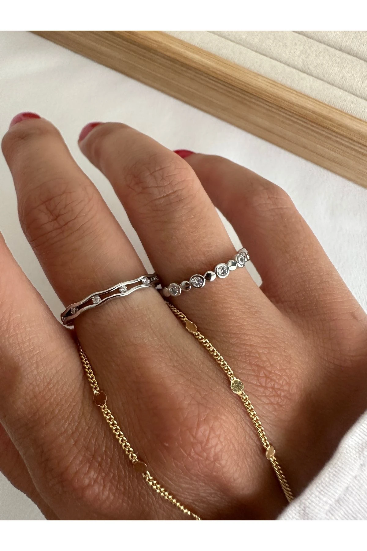 Gold 2'li Noktalı Minimal Seri Yüzük Seti