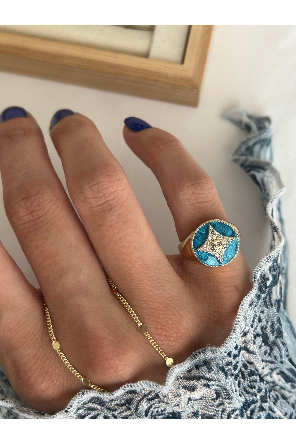 -Özel Seri- Gold Turkuaz Mineli Serçe Parmak Yüzüğü
