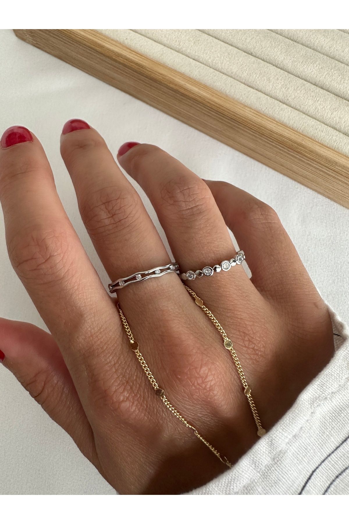 Gold 2'li Noktalı Minimal Seri Yüzük Seti