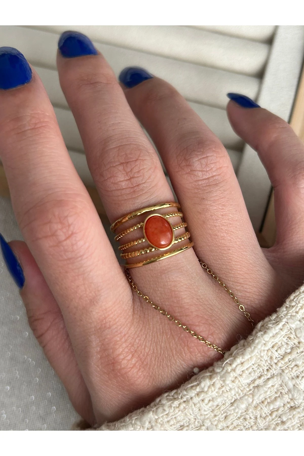 Turuncu Taşlı Çelik Kararmaz Yüzük