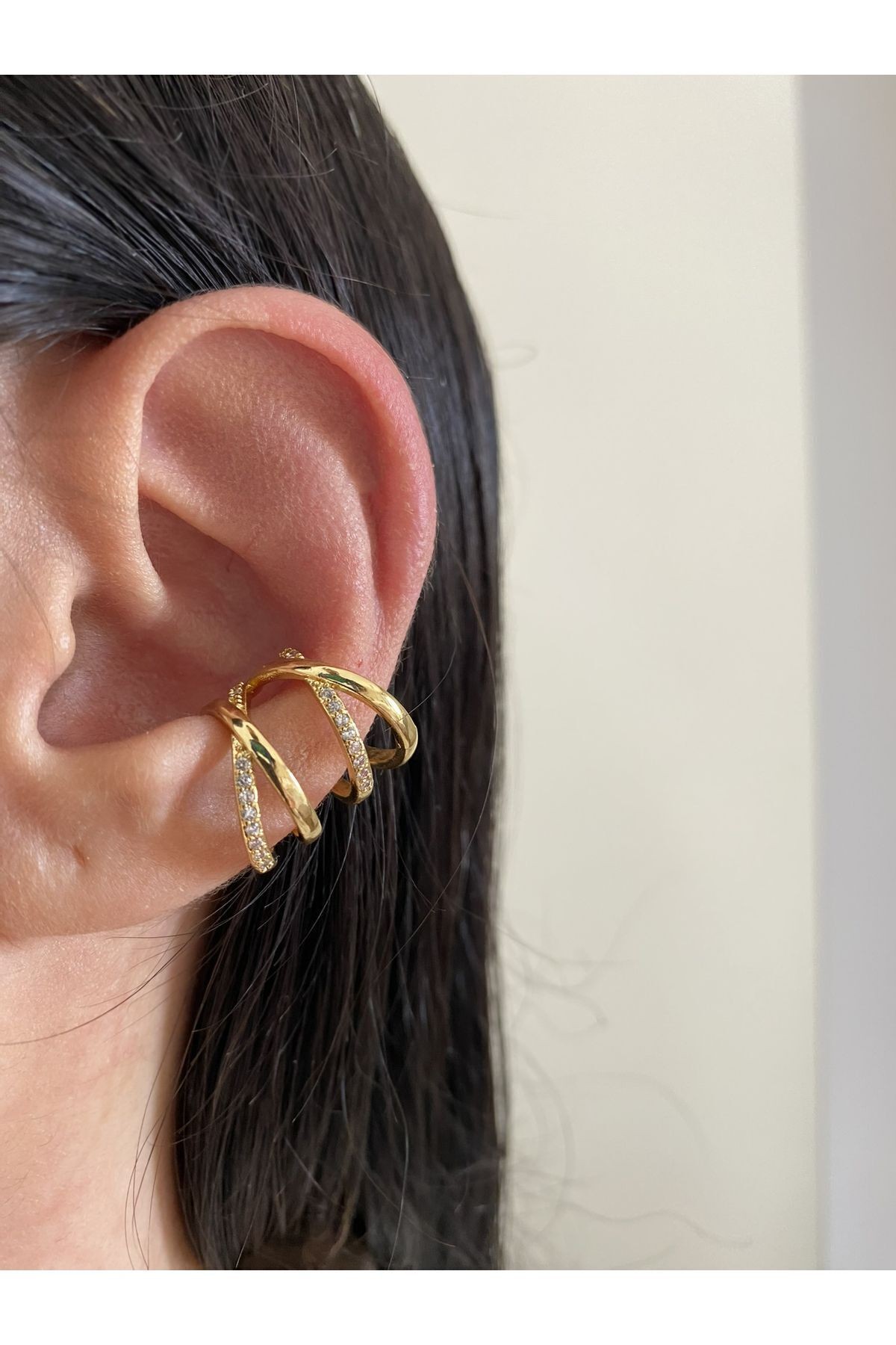 Kadın Zirkon Taşlı Çapraz Gold Kıkırdak Küpe Earcuff