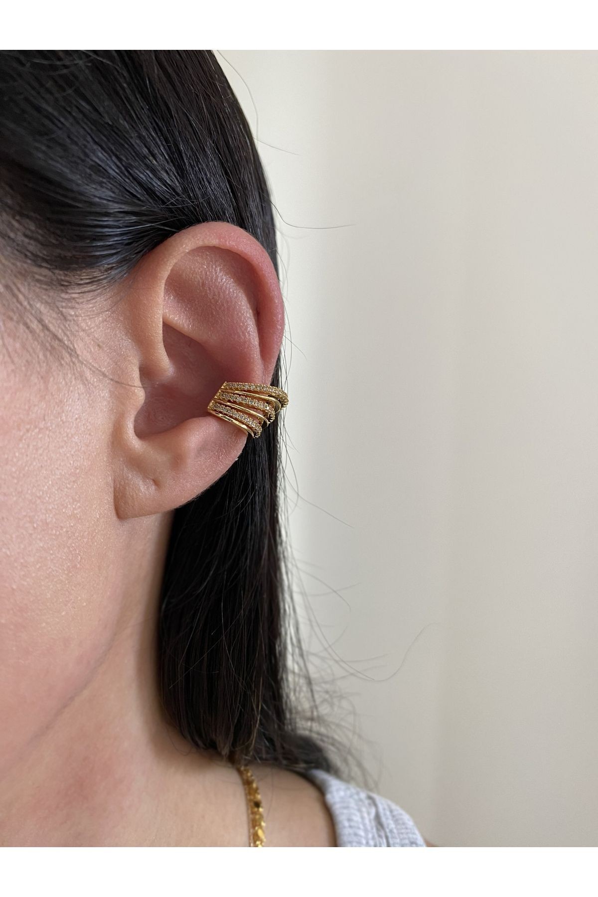 Kadın Zirkon Taşlı 3 Sıra Gold Kıkırdak Küpe Earcuff