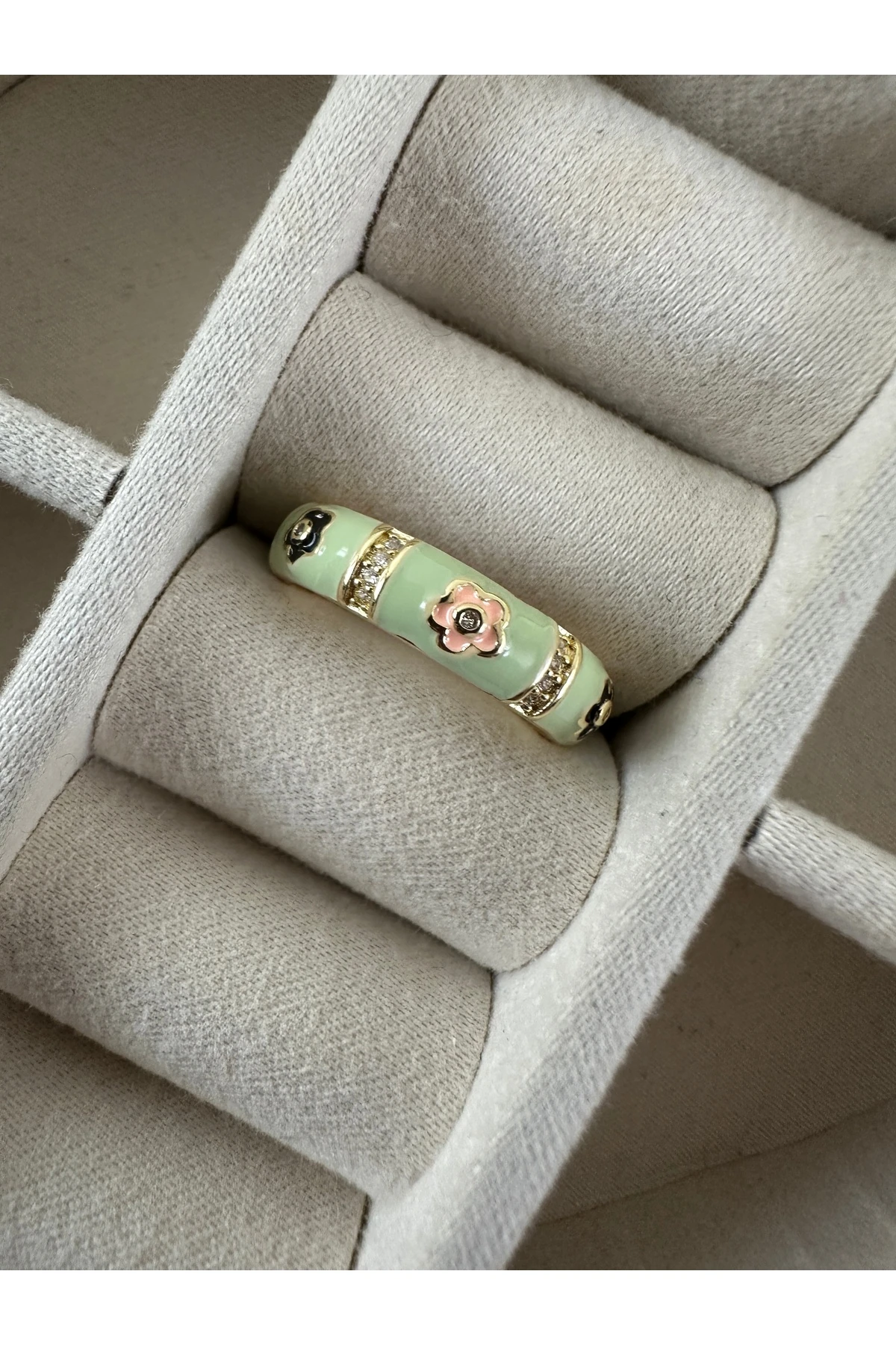 Gold Su Yeşili Mineli Çiçek Yüzük