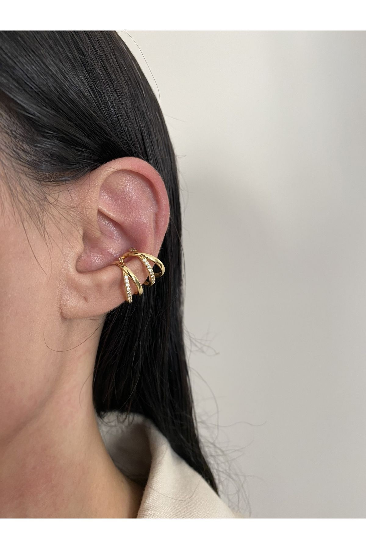 Kadın Zirkon Taşlı Çapraz Gold Kıkırdak Küpe Earcuff