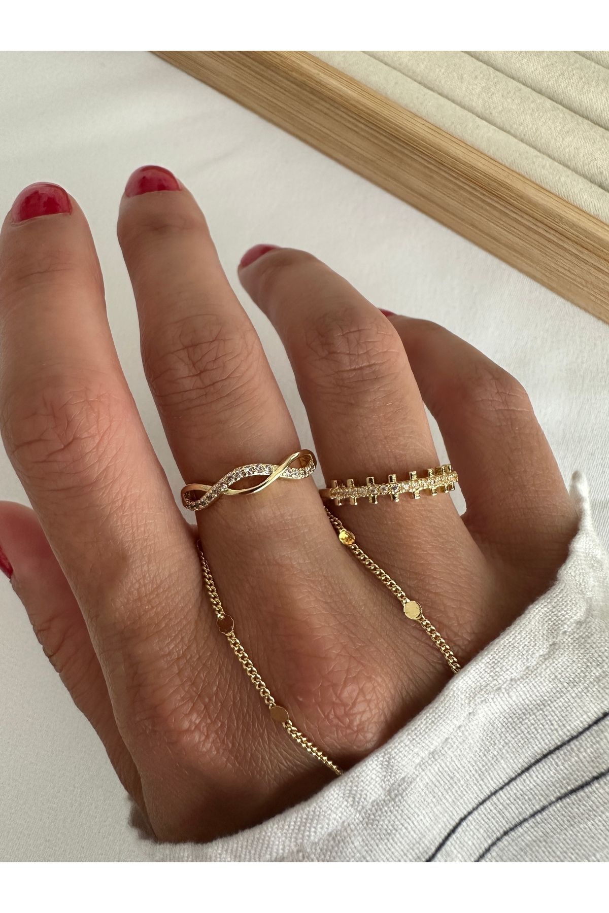 Gold 2'li Dalgalı Minimal Seri Yüzük Seti