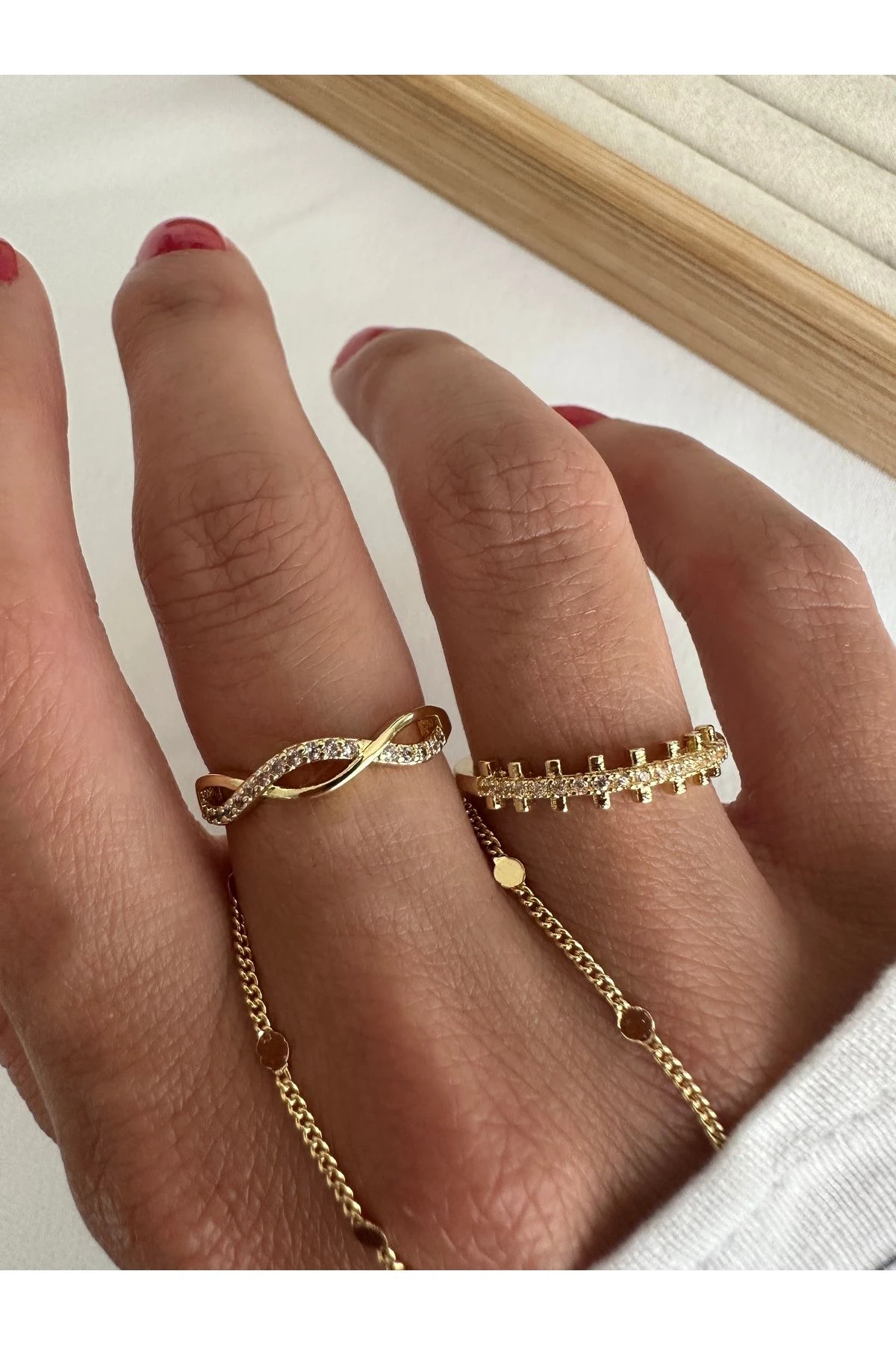 Gold 2'li Dalgalı Minimal Seri Yüzük Seti