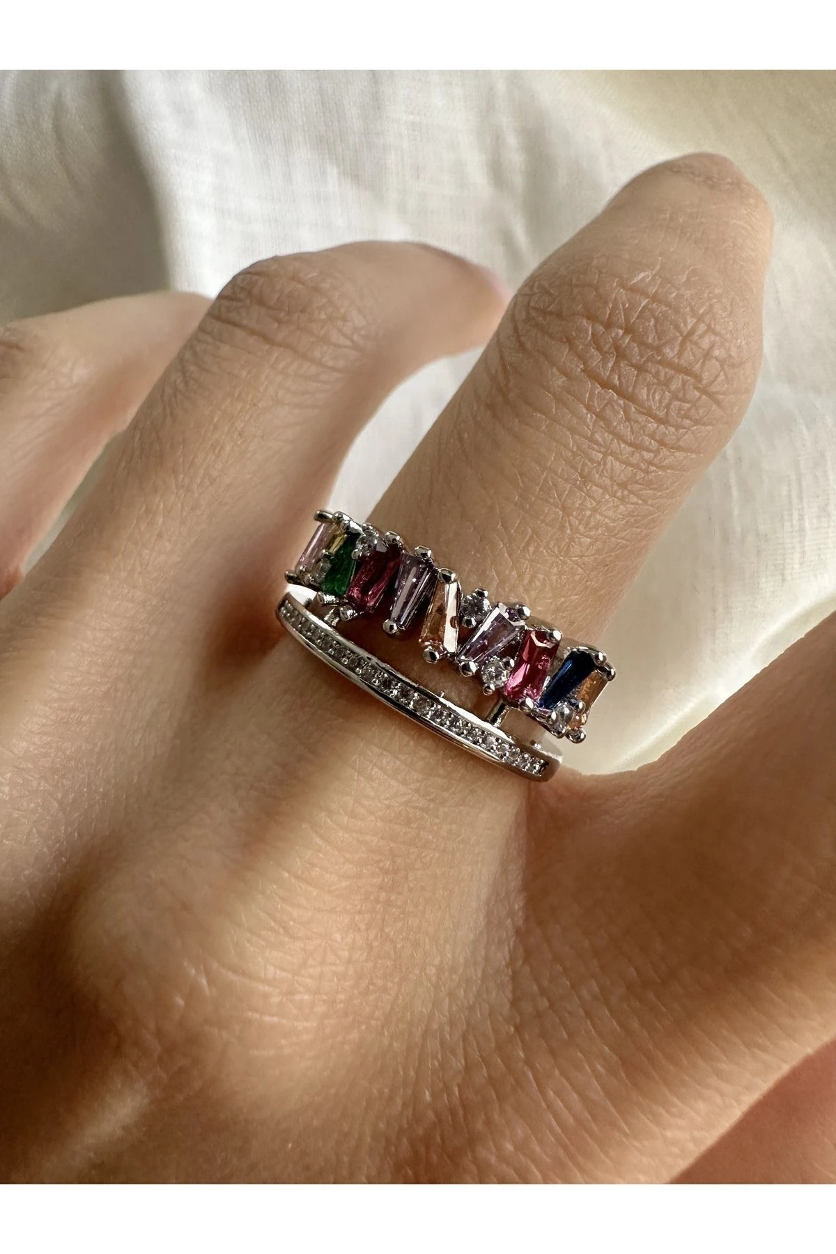 Çift Sıra Baget Taşlı Yüzük - gümüşmix