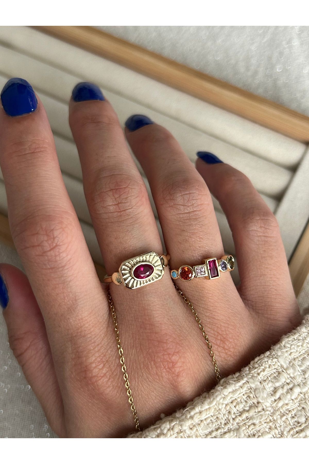 Fuşya Taşlı 2'li Yüzük