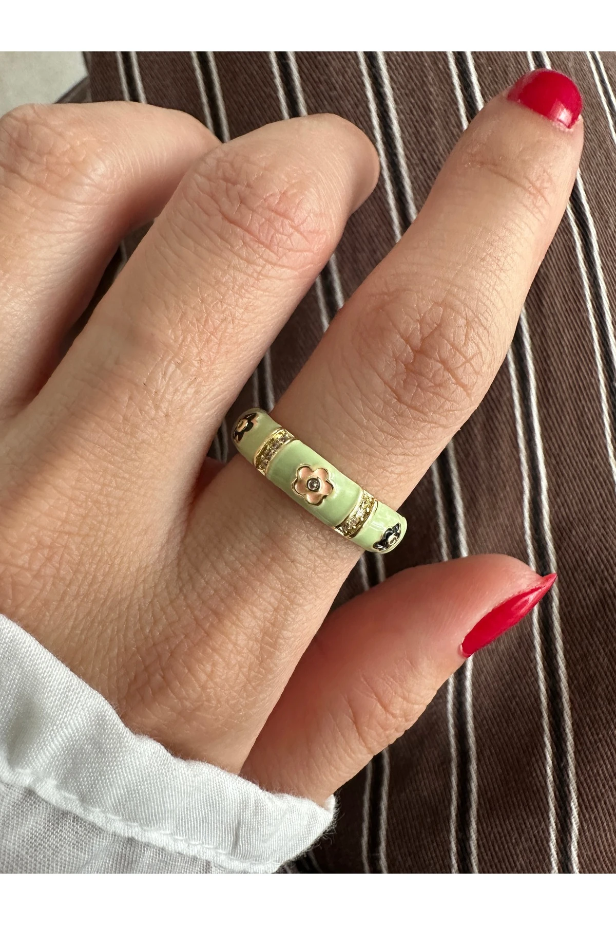 Gold Su Yeşili Mineli Çiçek Yüzük