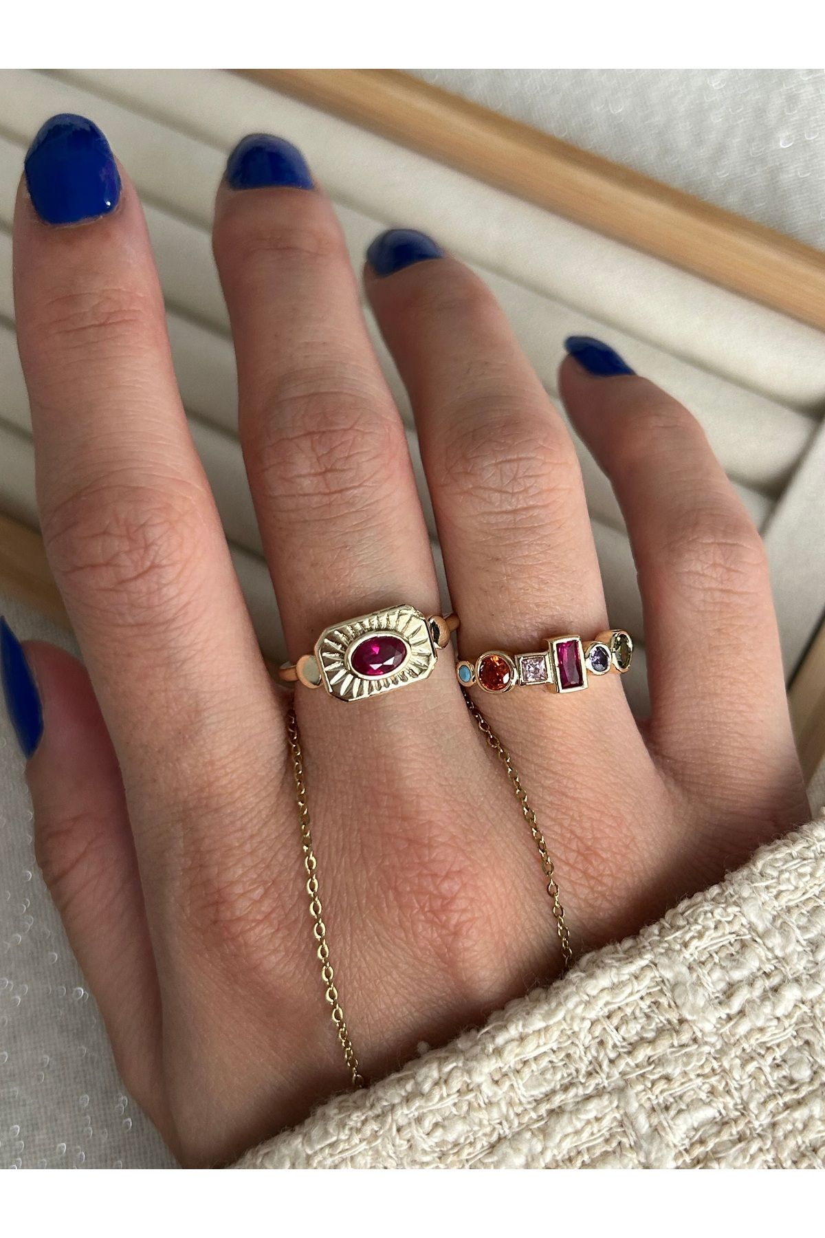 Fuşya Taşlı 2'li Yüzük