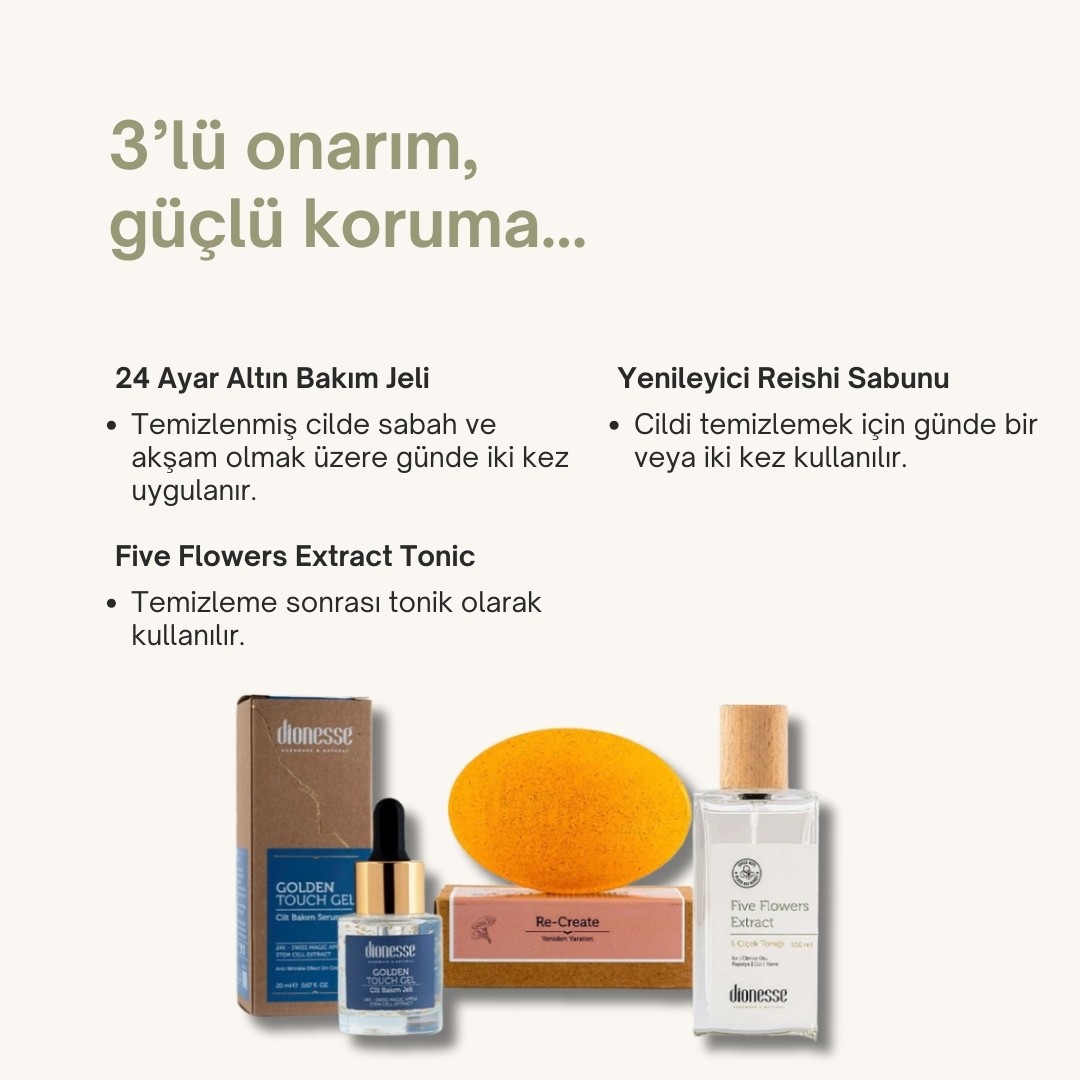 Kırışıklık Giderici Set - 24K Altın Cilt Bakım Jeli, 5 Çiçek Tonik ve Yenileyici Reishi Sabunu - Cilt Gençleştirme, Leke Karşıtı, Anti-Aging Bakım