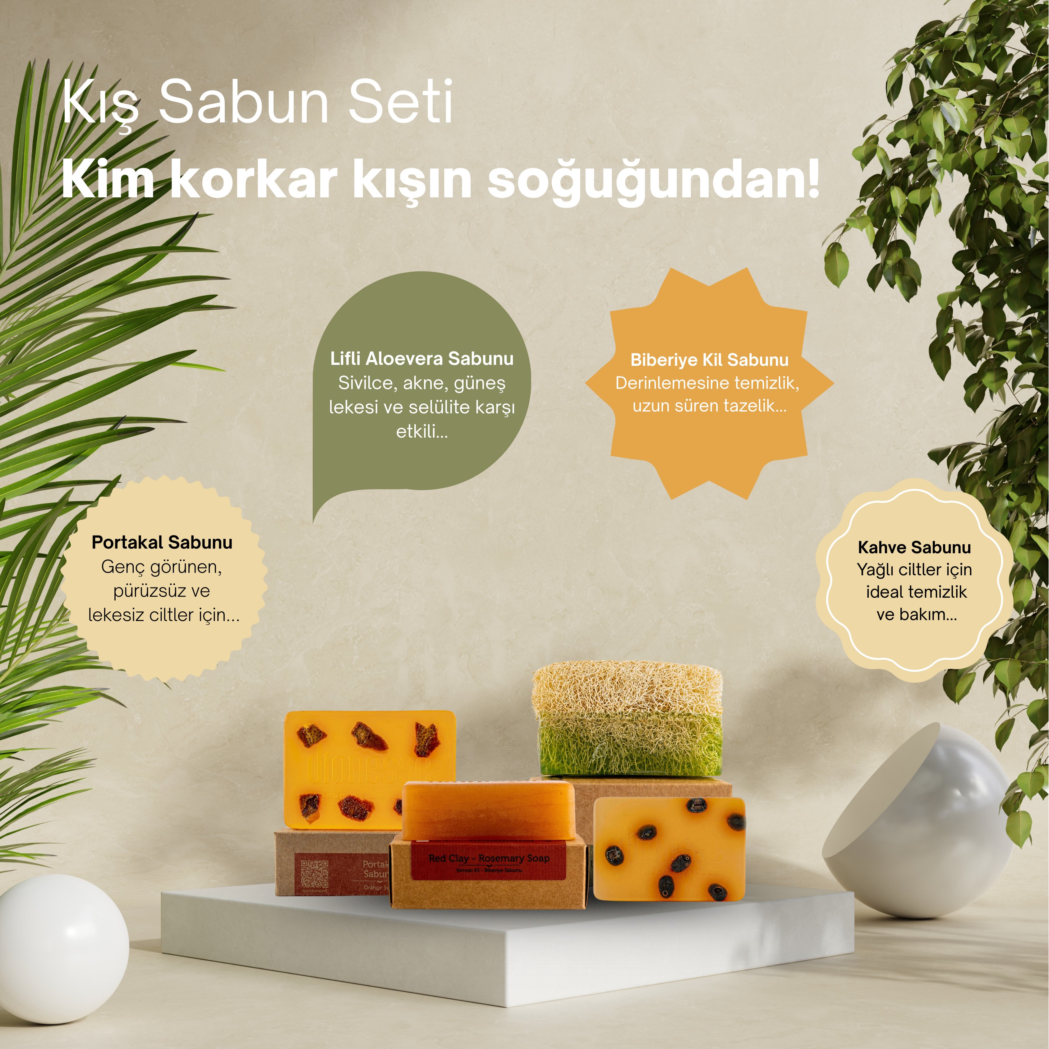 Kış Sabun Seti - Portakal, Lifli Aloe Vera, Biberiye Kil ve Kahve Sabunu 4’lü Doğal Bakım