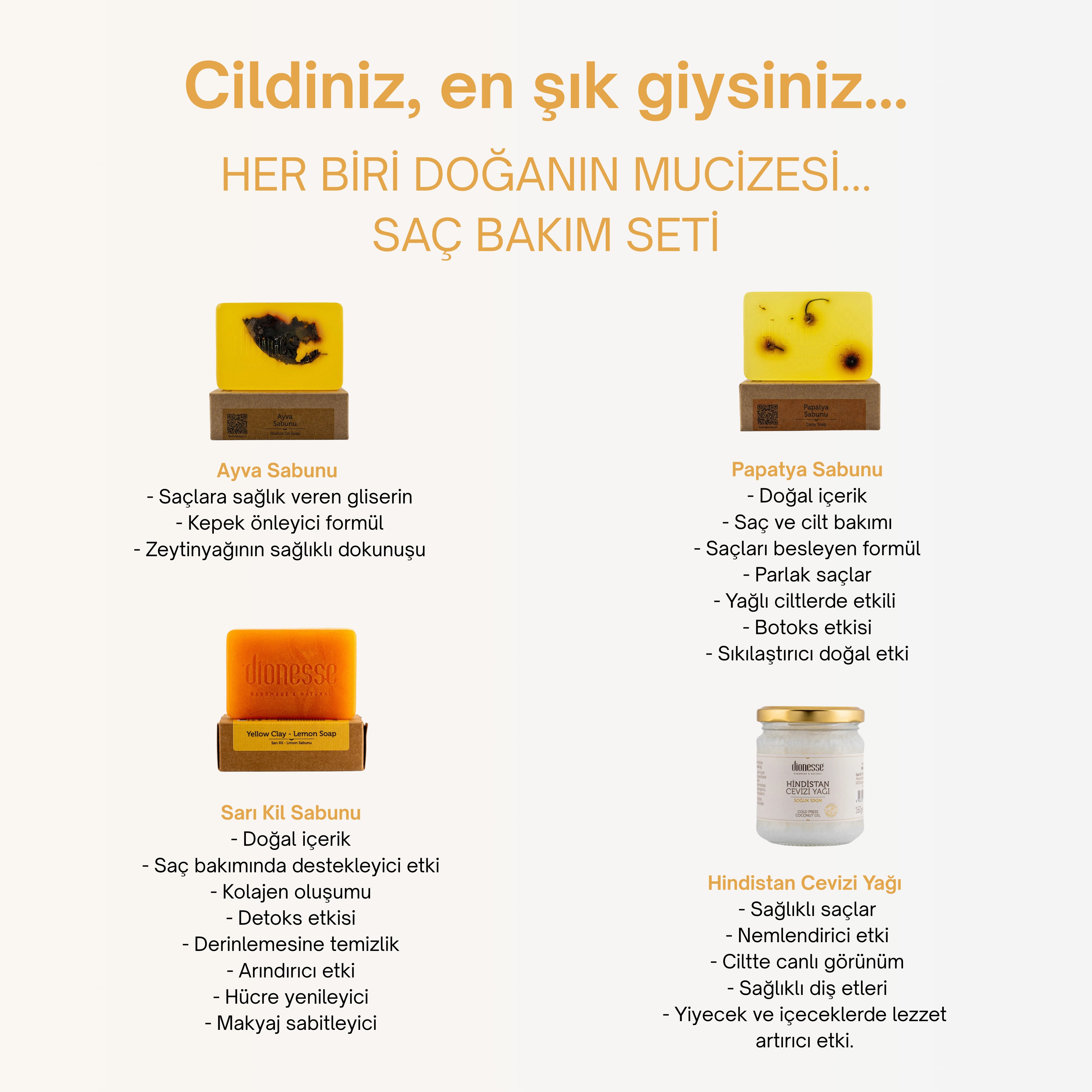 Özel Saç Bakım Seti - Ayva Sabunu, Papatya Sabunu, Sarı Kil Sabunu ve Hindistan Cevizi Yağı ile Kepek Karşıtı ve Onarıcı Saç Bakımı
