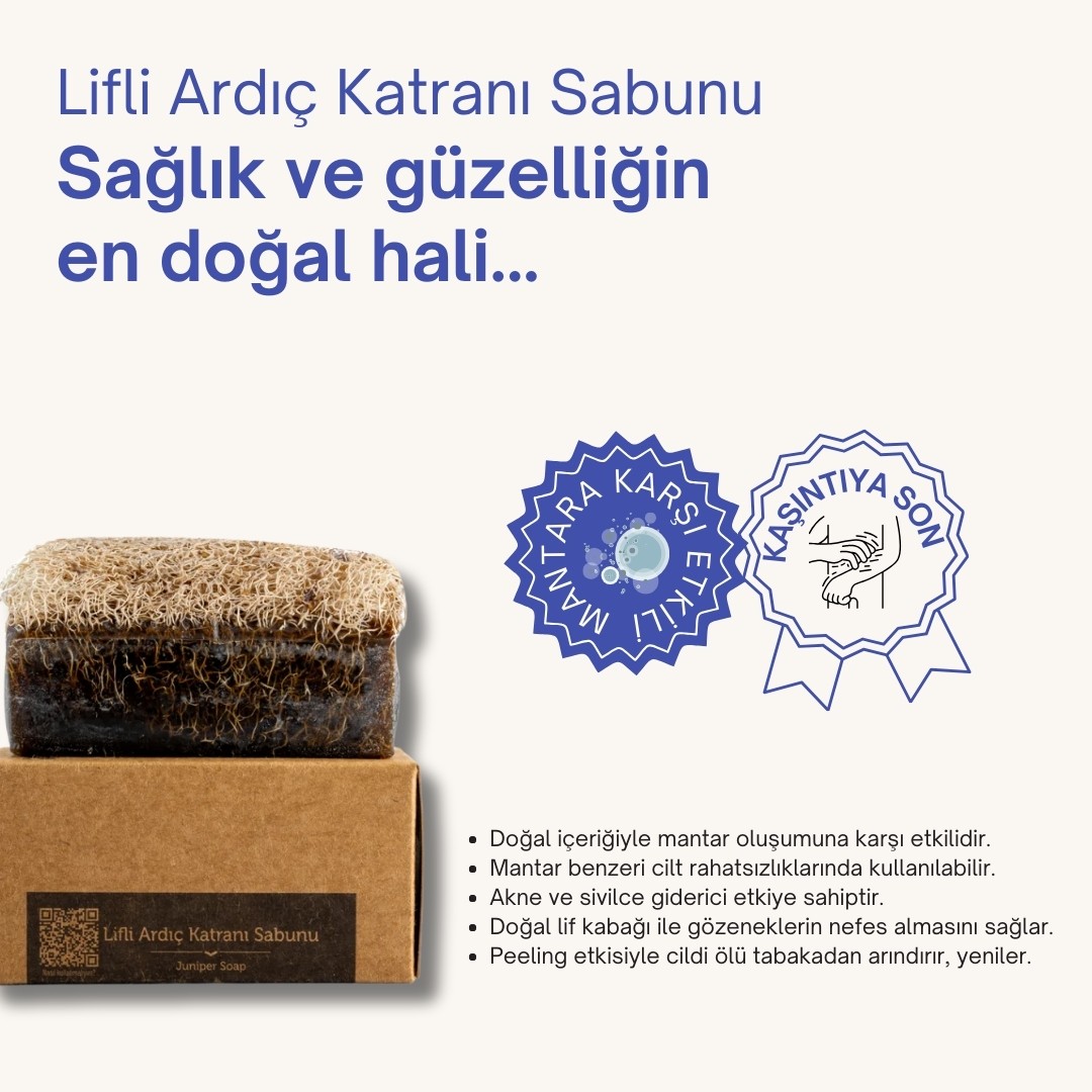 Doğal Kabak Lifli Ardıç Katranı Sabunu 130 gr - Kaşıntı, Akne, Mantar ve Egzama Karşıtı, Peeling Etkili Cilt ve Banyo Sabunu
