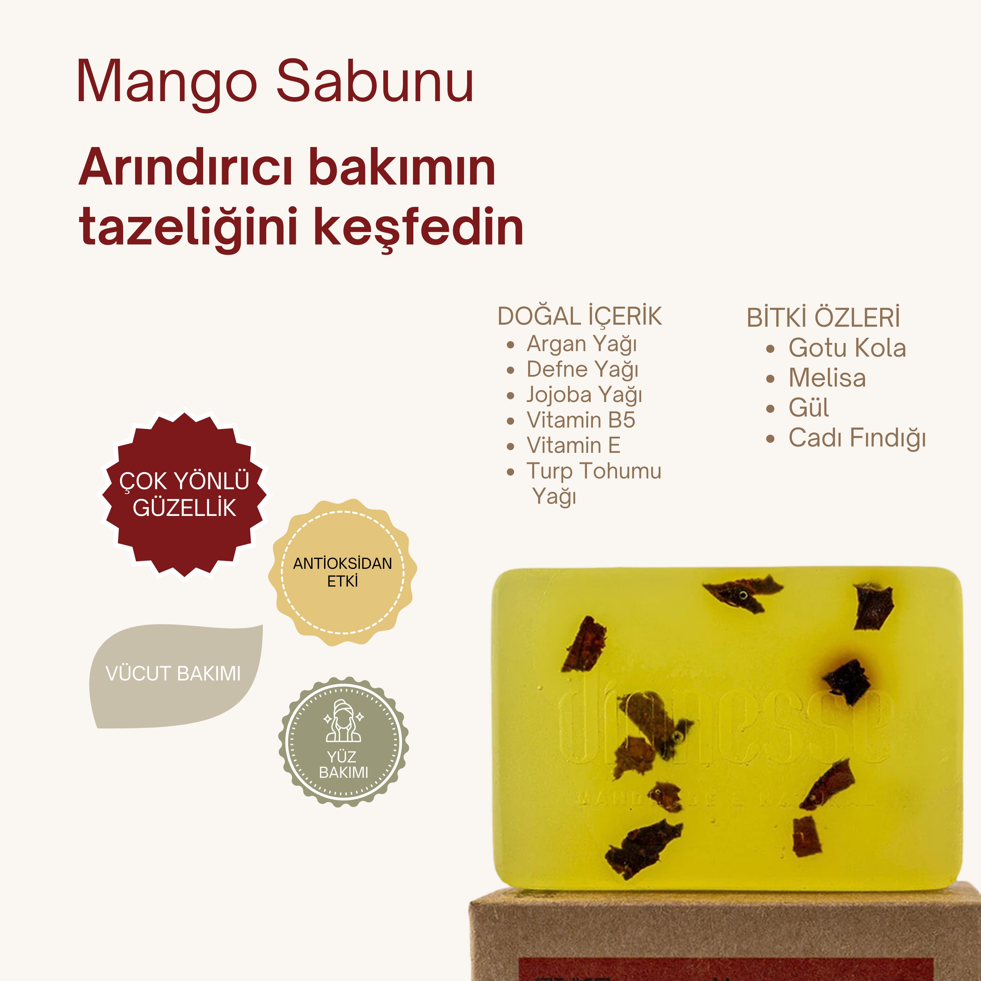 Doğal Mango Sabunu 120 gr | Kırışıklık Karşıtı, Cilt Güçlendirici, Aromaterapik ve Antioksidan Etkili Katı Sabun