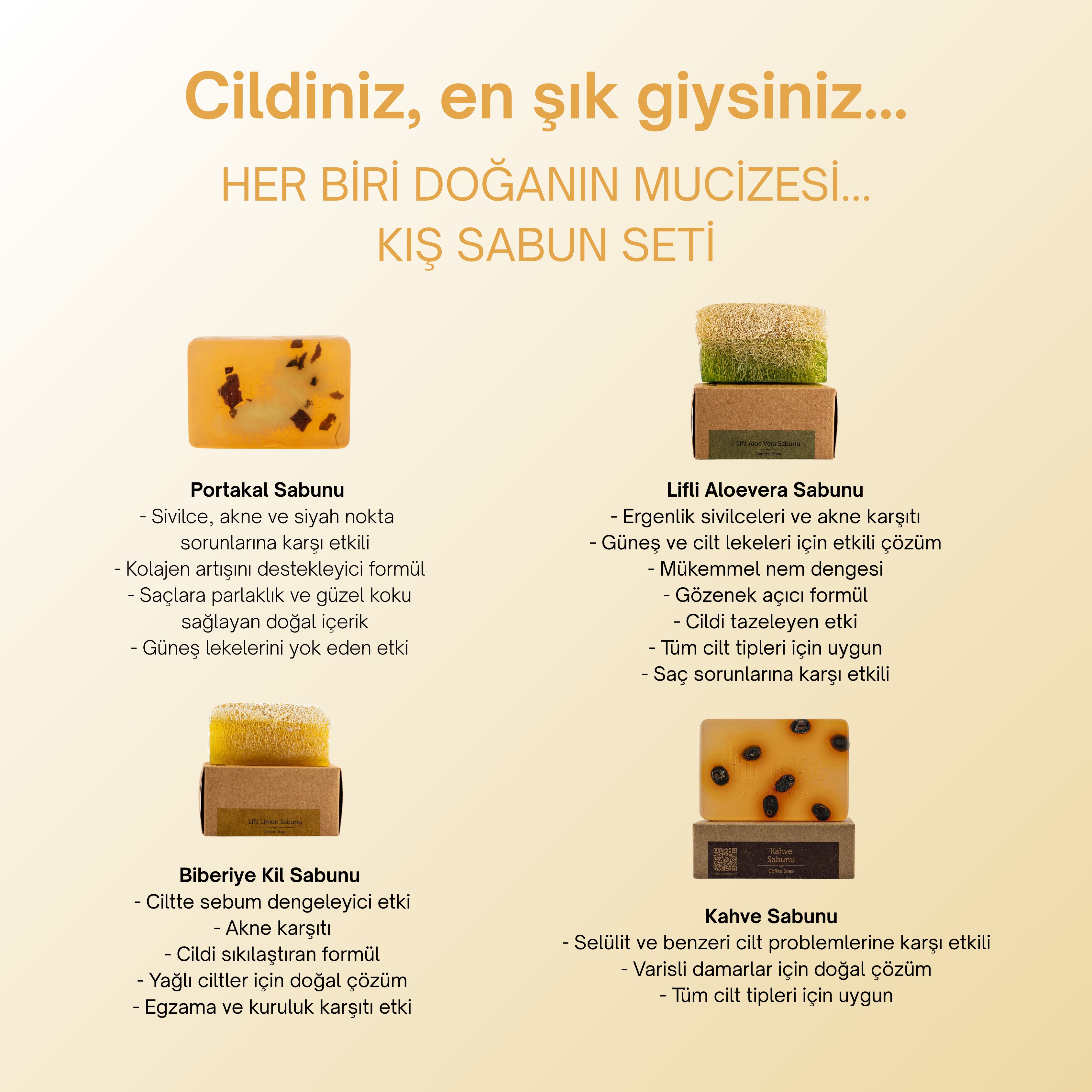 Kış Sabun Seti - Portakal, Lifli Aloe Vera, Biberiye Kil ve Kahve Sabunu 4’lü Doğal Bakım