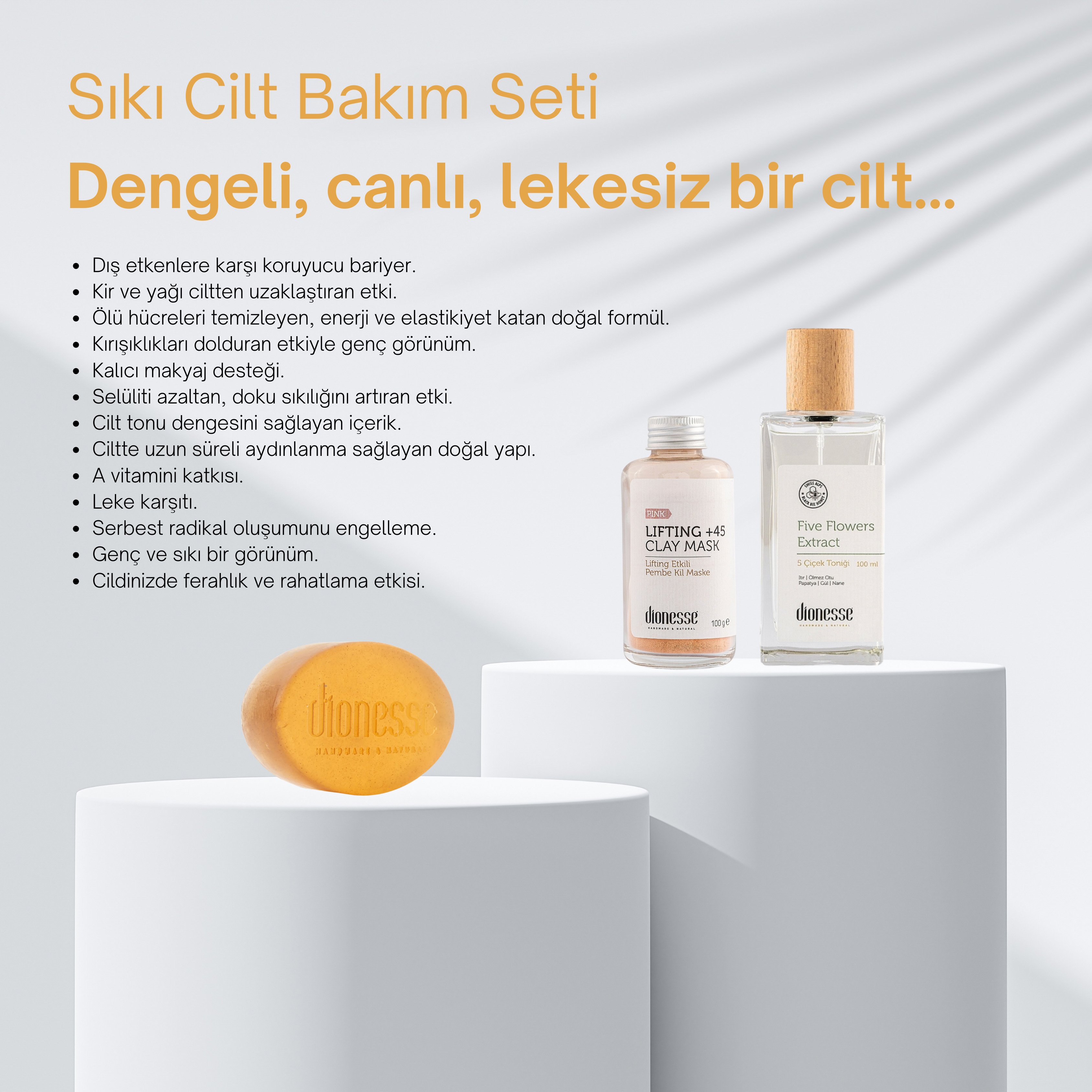 Cilt Sıkılaştırıcı Set - Pembe Kil Maske, 5 Çiçek Tonik ve Yenileyici Reishi Sabunu ile Sıkılaştırıcı Cilt Bakımı