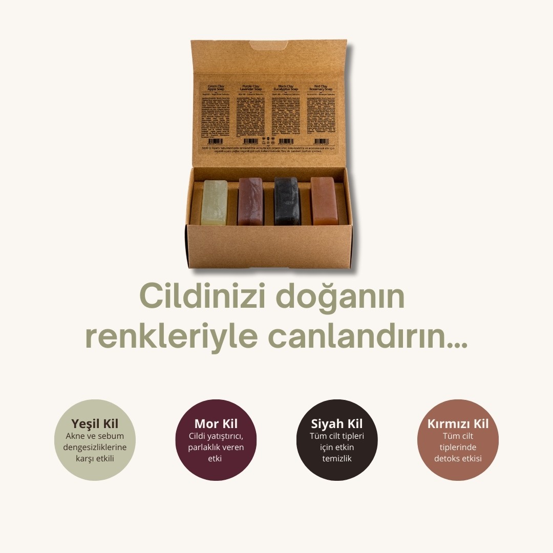 Erkekler İçin Doğal Kil Sabunu Seti - 4x120 gr - Organik & El Yapımı - Zengin Minerallerle Desteklenmiş Sülfatsız Sabun - Cilt ve Saç Bakımı İçin