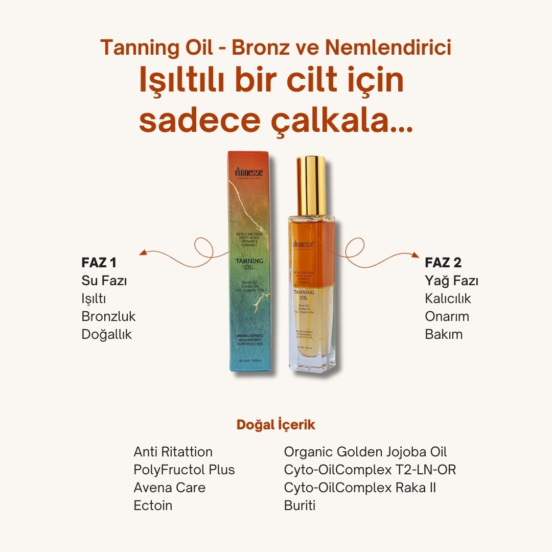 Bronzlaştırıcı Yağ 50 ml - Nemlendirme ve Kalıcı Bronzluk İçin Cilt Koruyucu 2 Fazlı Formül