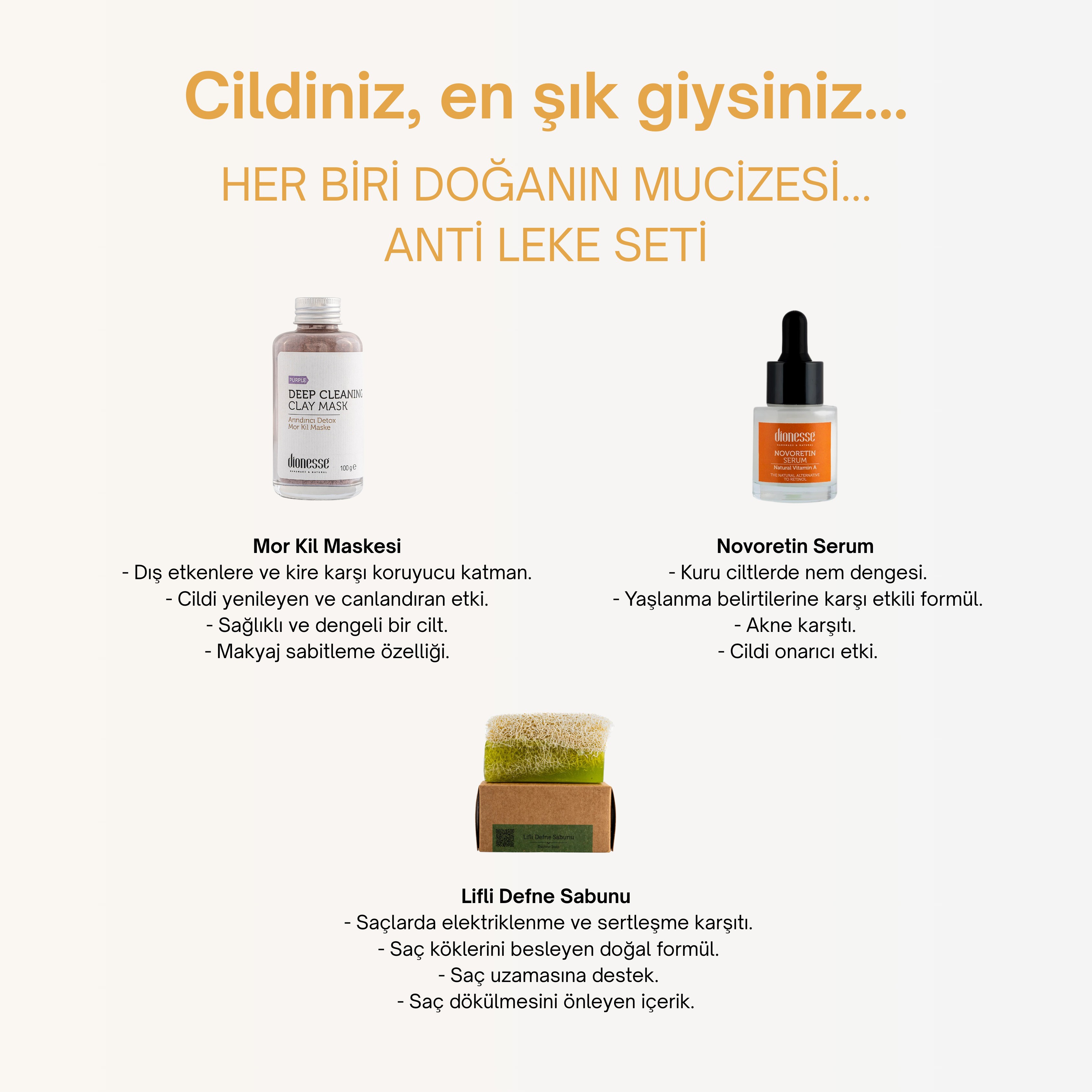 Leke Giderici Set - Mor Kil Maske, Novoretin Leke Giderici Serum ve Kabak Lifli Defne Sabunu | Cilt Lekesi, Kırışıklık ve Akne Karşıtı Bakım