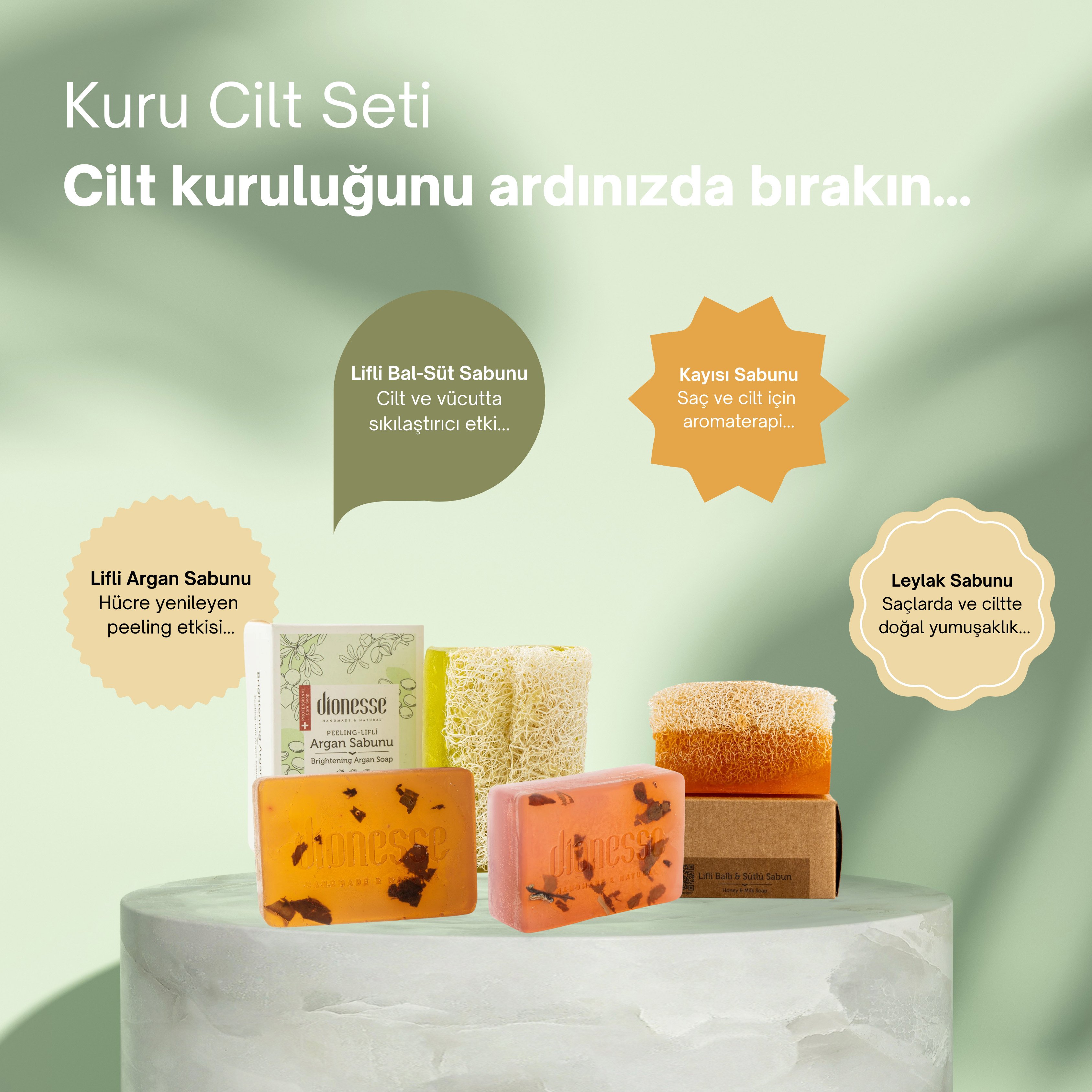 Kuru Ciltler İçin Nemlendirici Sabun Seti 4x120 gr - Kabak Lifli Argan Sabunu, Kabak Lifli Ballı ve Sütlü Sabun, Kayısı Sabunu, Leylak Sabunu