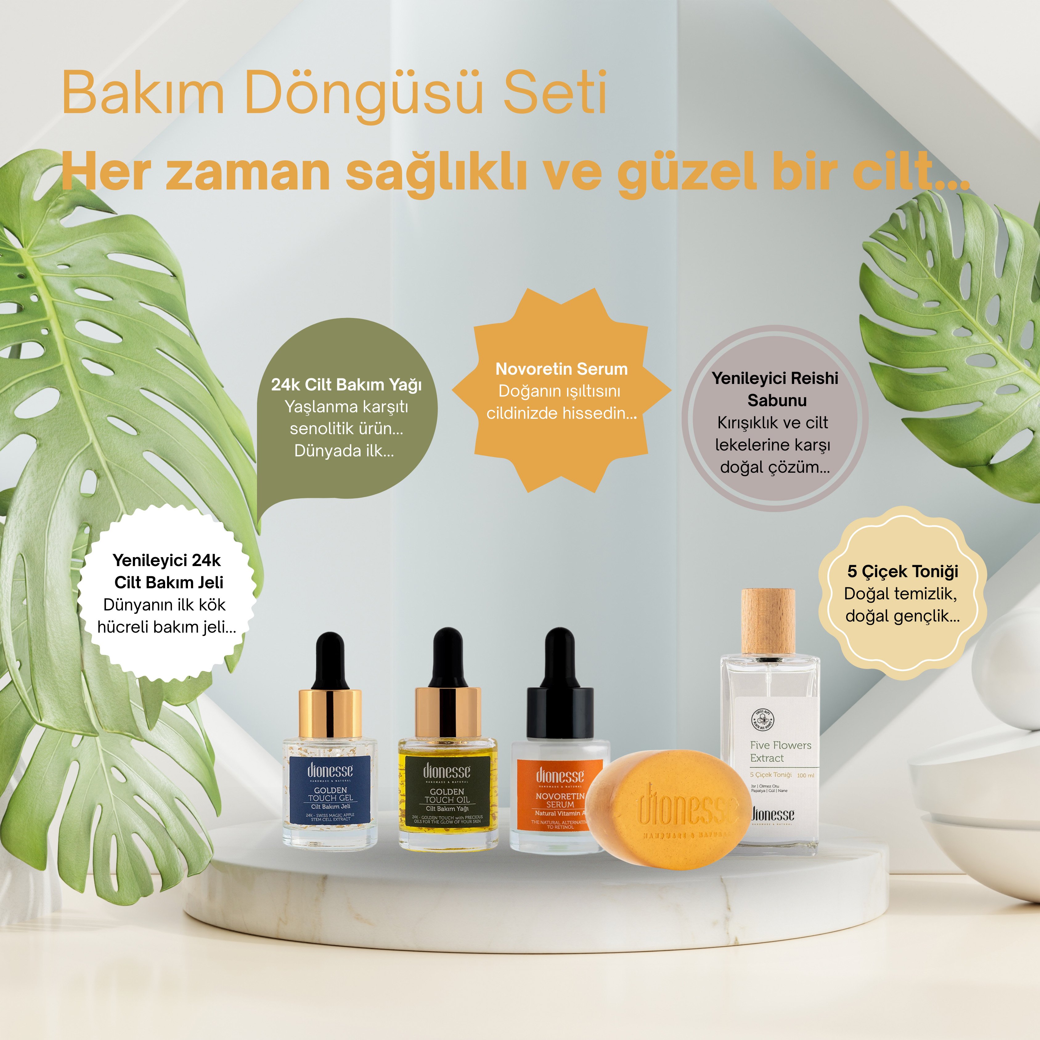 Cilt Bakım Döngüsü Seti | 24K Cilt Serumu, Altın Cilt Bakım Yağı, Novoretin Cilt Aydınlatıcı Serum, 5 Çiçek Tonik, Reishi Mantarı Sabunu