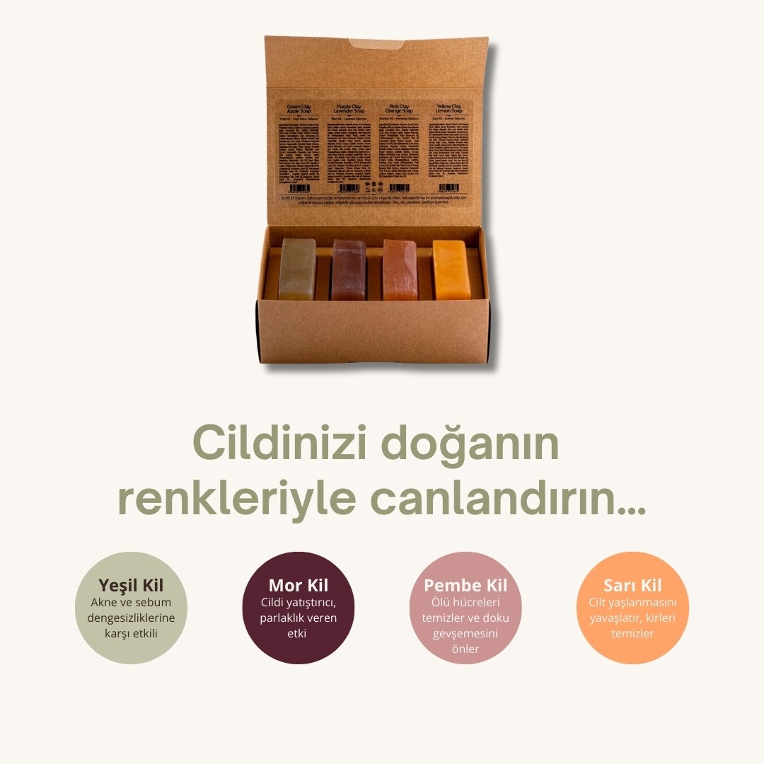 Kadınlar İçin Doğal Kil Sabunu Seti 4x120 gr - Yağlı, Hassas ve Olgun Ciltler İçin Doğal Kil Sabunları | Yüz, Vücut ve Saç Bakımı