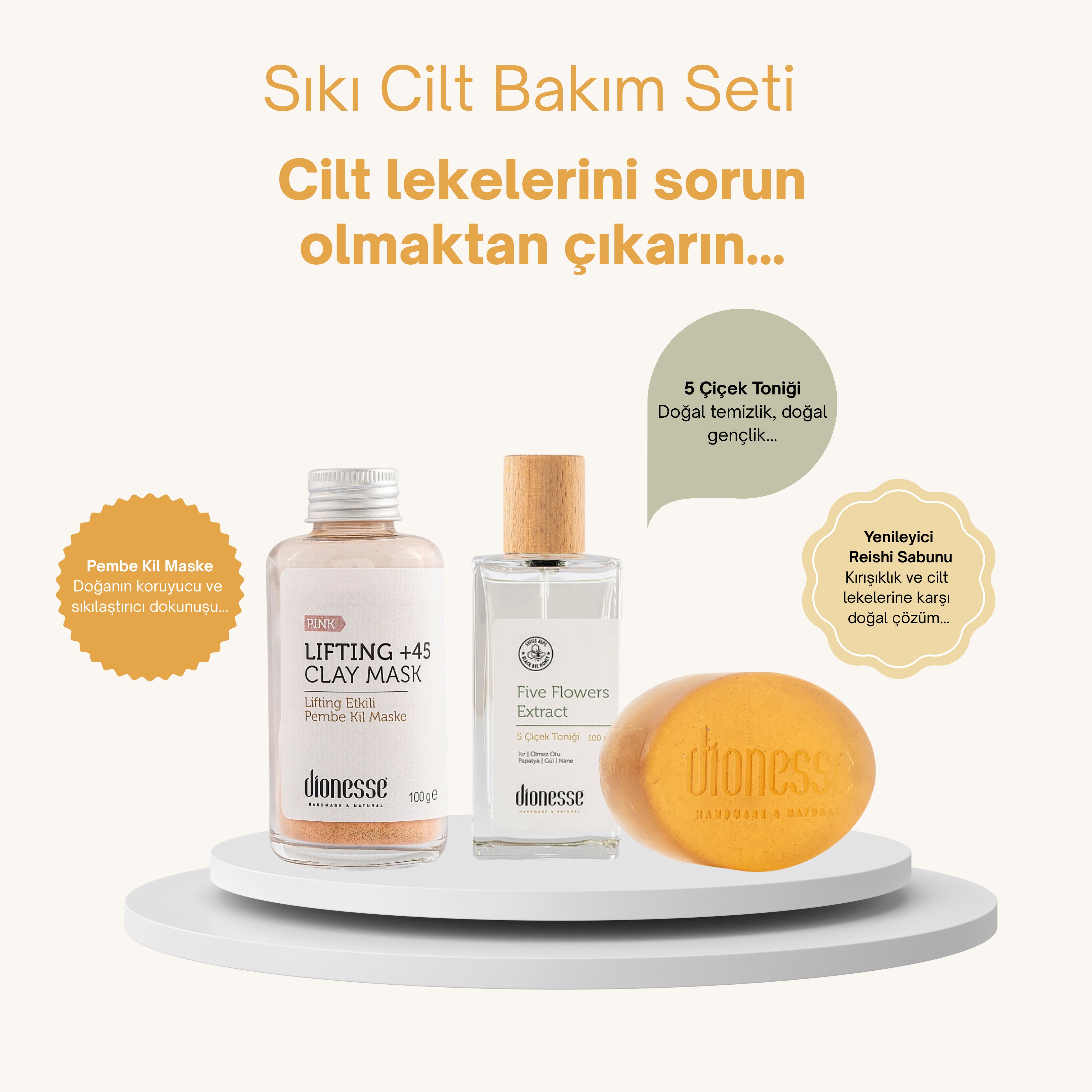 Cilt Sıkılaştırıcı Set - Pembe Kil Maske, 5 Çiçek Tonik ve Yenileyici Reishi Sabunu ile Sıkılaştırıcı Cilt Bakımı