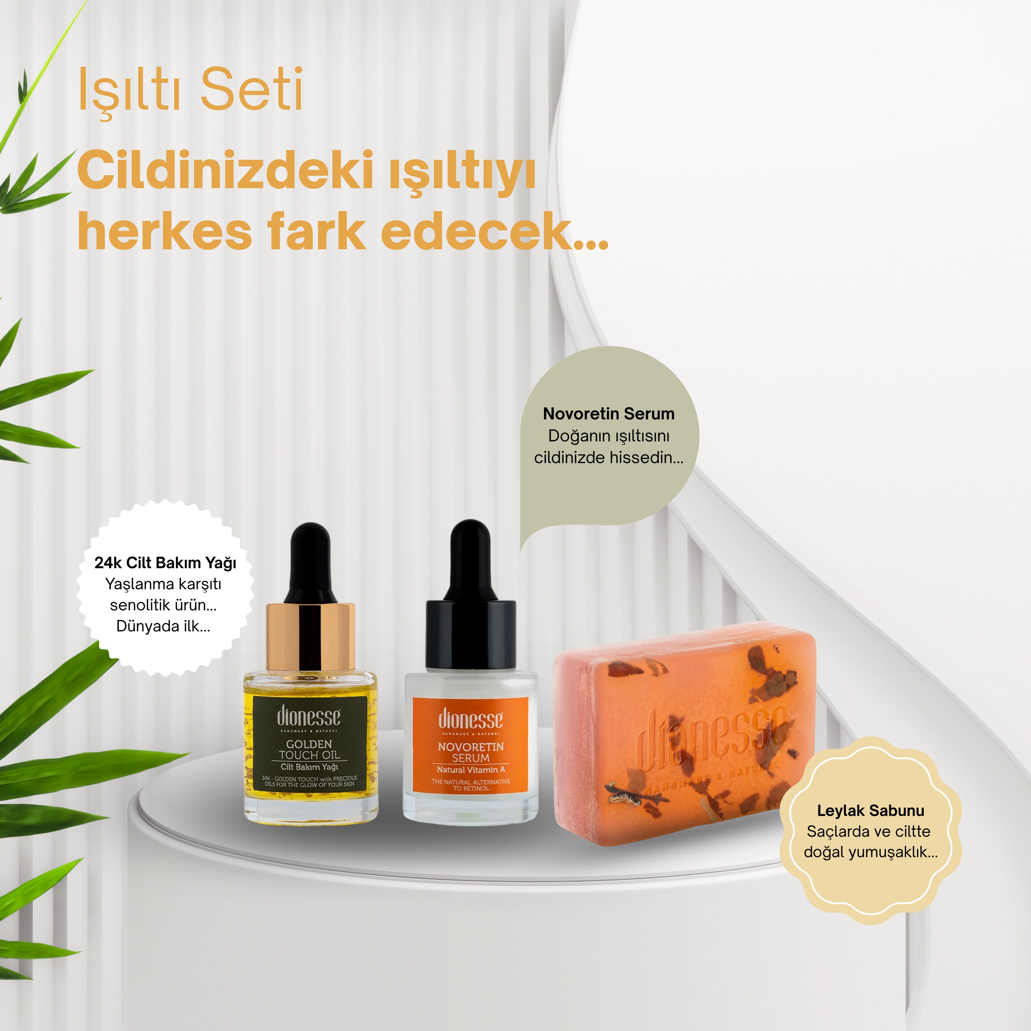 Işıltı Seti - 24K Cilt Bakım Yağı, Cilt Aydınlatıcı Serum ve Katı Leylak Sabunu ile Yaşlanma Karşıtı ve Cilt Aydınlatıcı Bakım