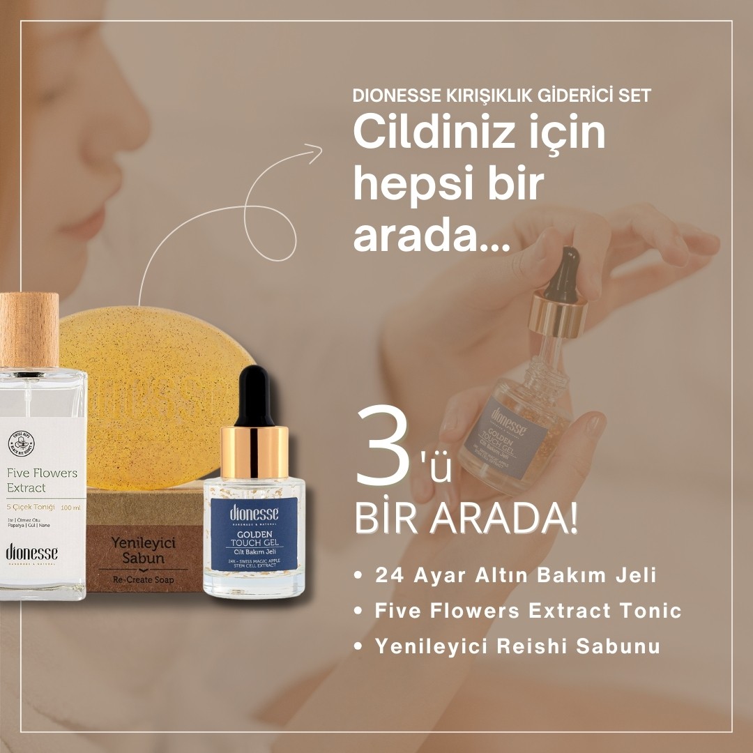Kırışıklık Giderici Set - 24K Altın Cilt Bakım Jeli, 5 Çiçek Tonik ve Yenileyici Reishi Sabunu - Cilt Gençleştirme, Leke Karşıtı, Anti-Aging Bakım