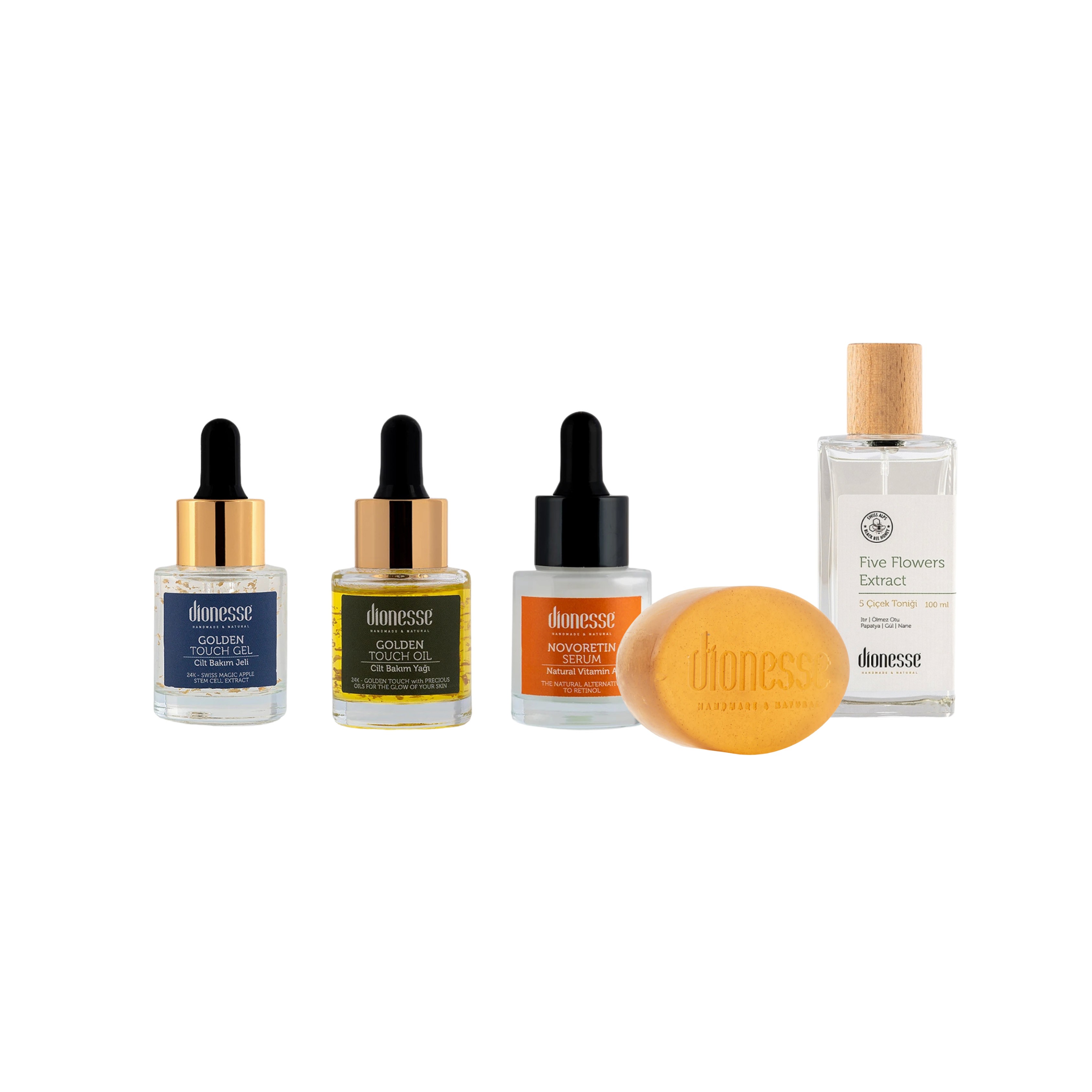 Cilt Bakım Döngüsü Seti | 24K Cilt Serumu, Altın Cilt Bakım Yağı, Novoretin Cilt Aydınlatıcı Serum, 5 Çiçek Tonik, Reishi Mantarı Sabunu