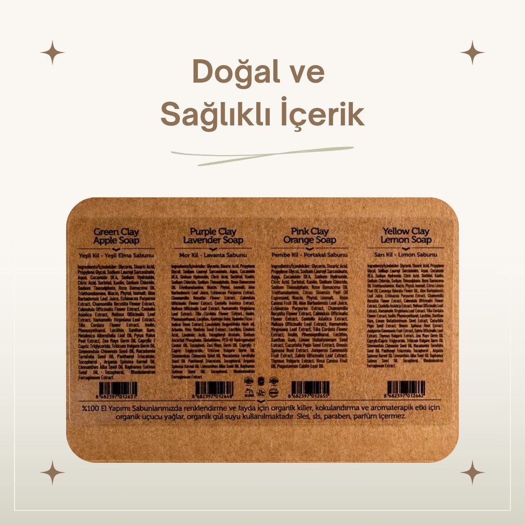 Kadınlar İçin Doğal Kil Sabunu Seti 4x120 gr - Yağlı, Hassas ve Olgun Ciltler İçin Doğal Kil Sabunları | Yüz, Vücut ve Saç Bakımı
