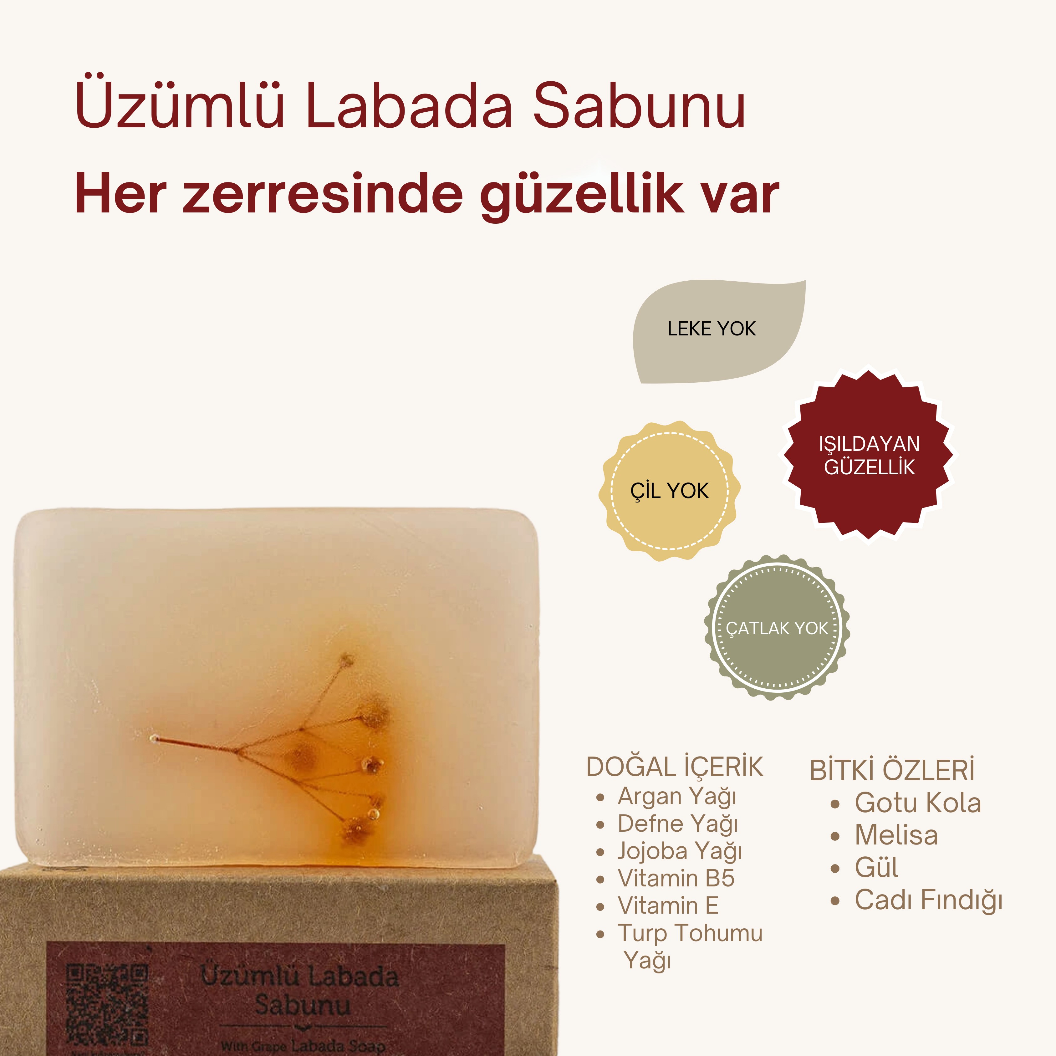 Doğal Üzümlü Labada Sabunu 120 gr - Yüz Aydınlatıcı ve Güneş Lekesi Giderici Sabun, Hamilelik Çatlaklarına Karşı