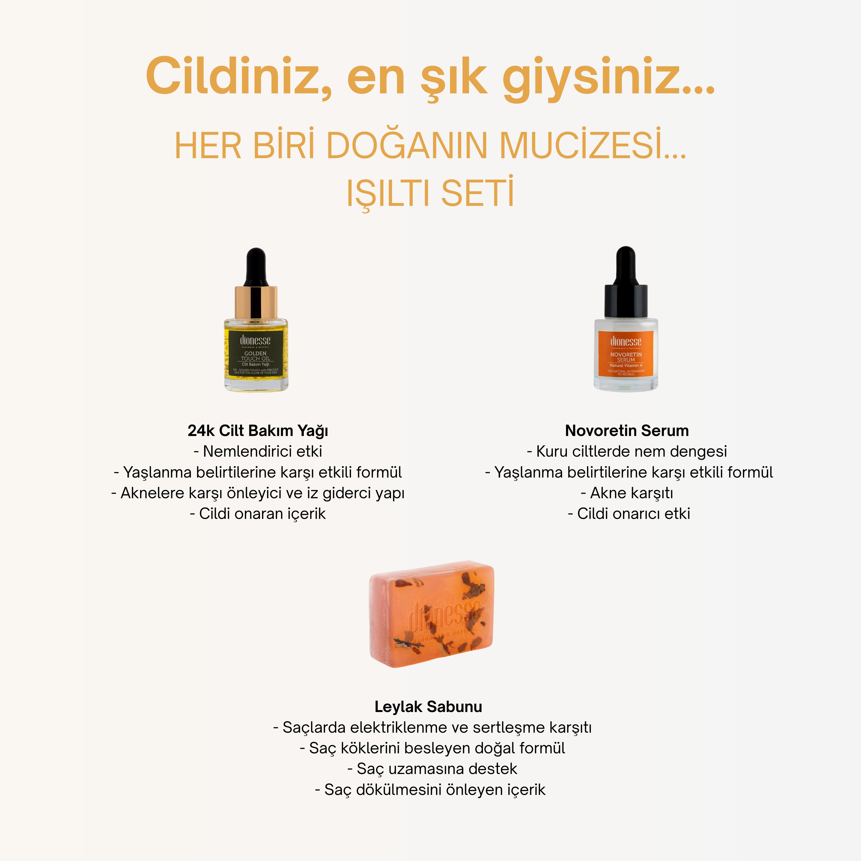 Işıltı Seti - 24K Cilt Bakım Yağı, Cilt Aydınlatıcı Serum ve Katı Leylak Sabunu ile Yaşlanma Karşıtı ve Cilt Aydınlatıcı Bakım