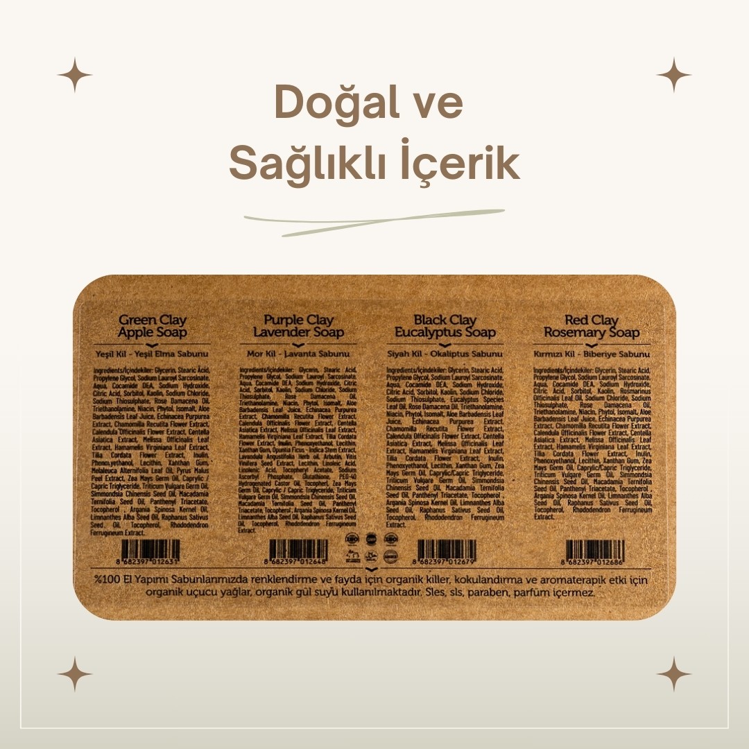 Erkekler İçin Doğal Kil Sabunu Seti - 4x120 gr - Organik & El Yapımı - Zengin Minerallerle Desteklenmiş Sülfatsız Sabun - Cilt ve Saç Bakımı İçin