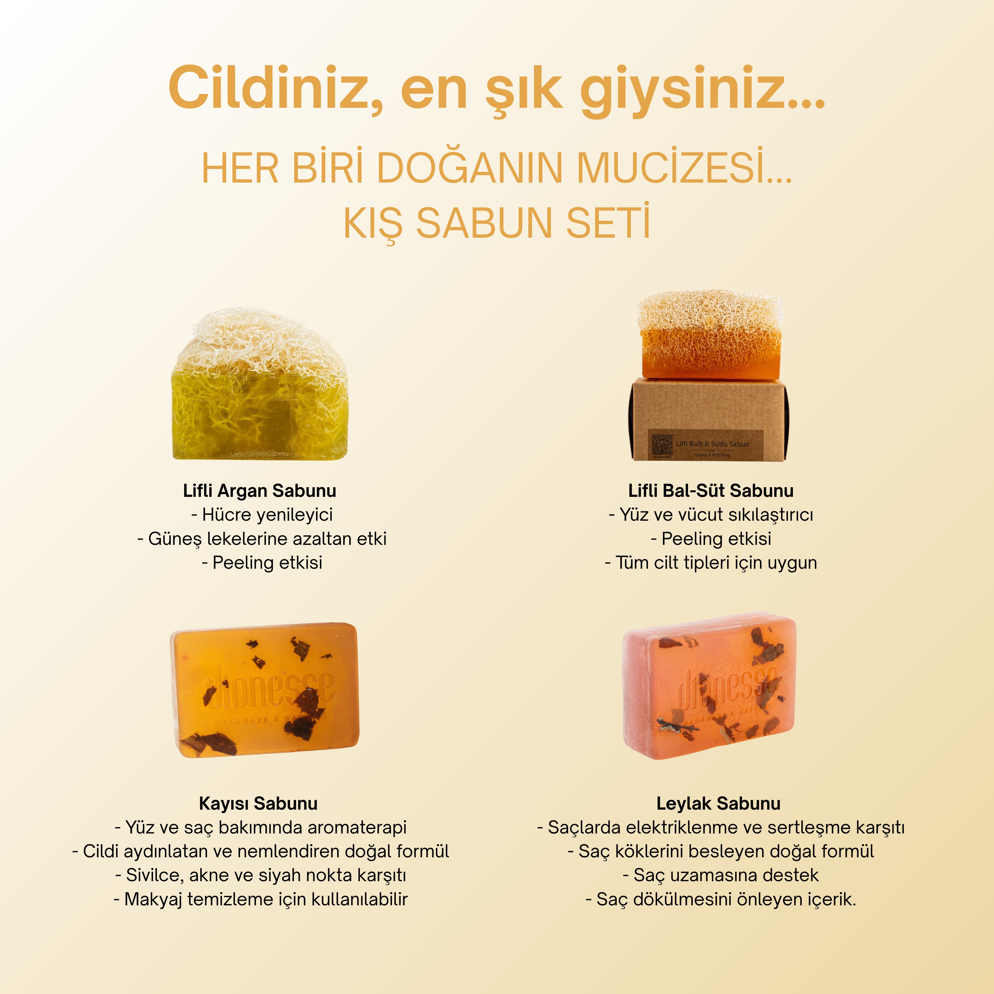 Kuru Ciltler İçin Nemlendirici Sabun Seti 4x120 gr - Kabak Lifli Argan Sabunu, Kabak Lifli Ballı ve Sütlü Sabun, Kayısı Sabunu, Leylak Sabunu