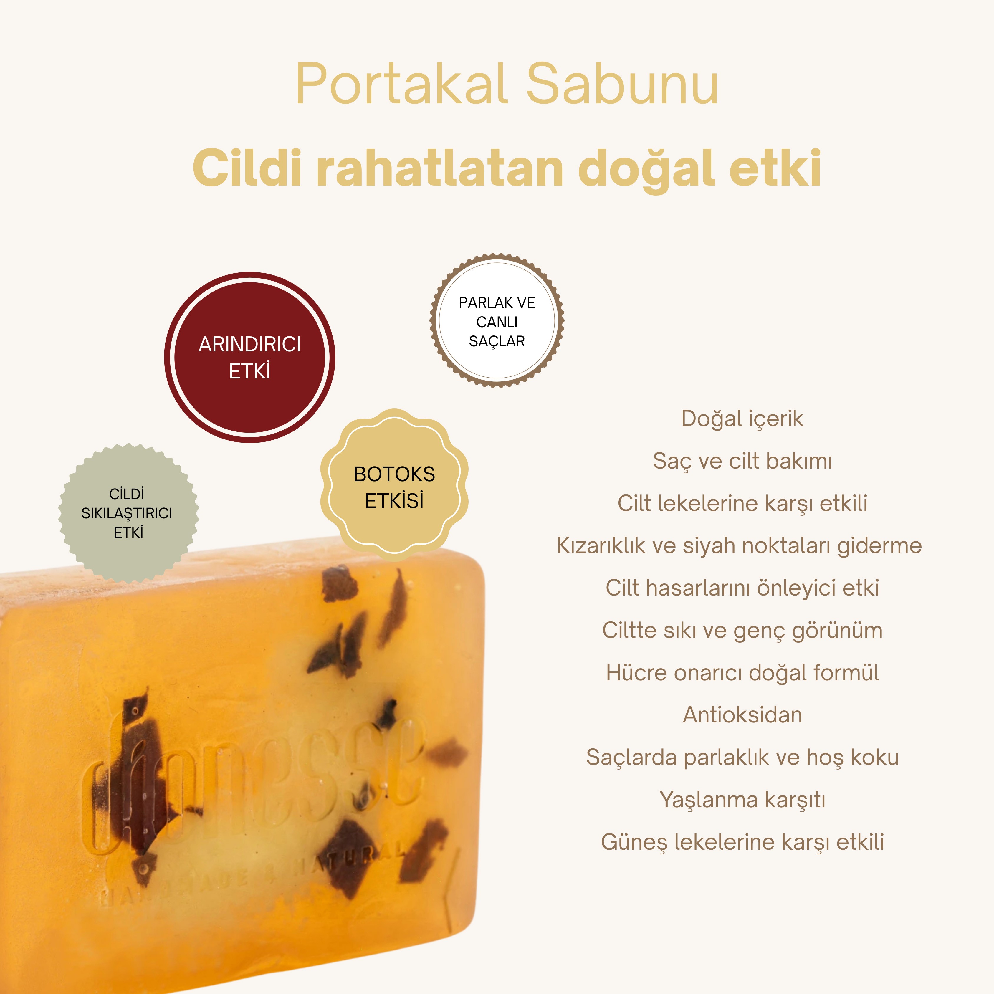 Doğal Portakal Sabunu 120 gr - Sivilce ve Akne Karşıtı, Yaşlanma Karşıtı Cilt Sabunu, Saç Parlaklığı ve Güneş Lekelerine Karşı Doğal Antioksidan