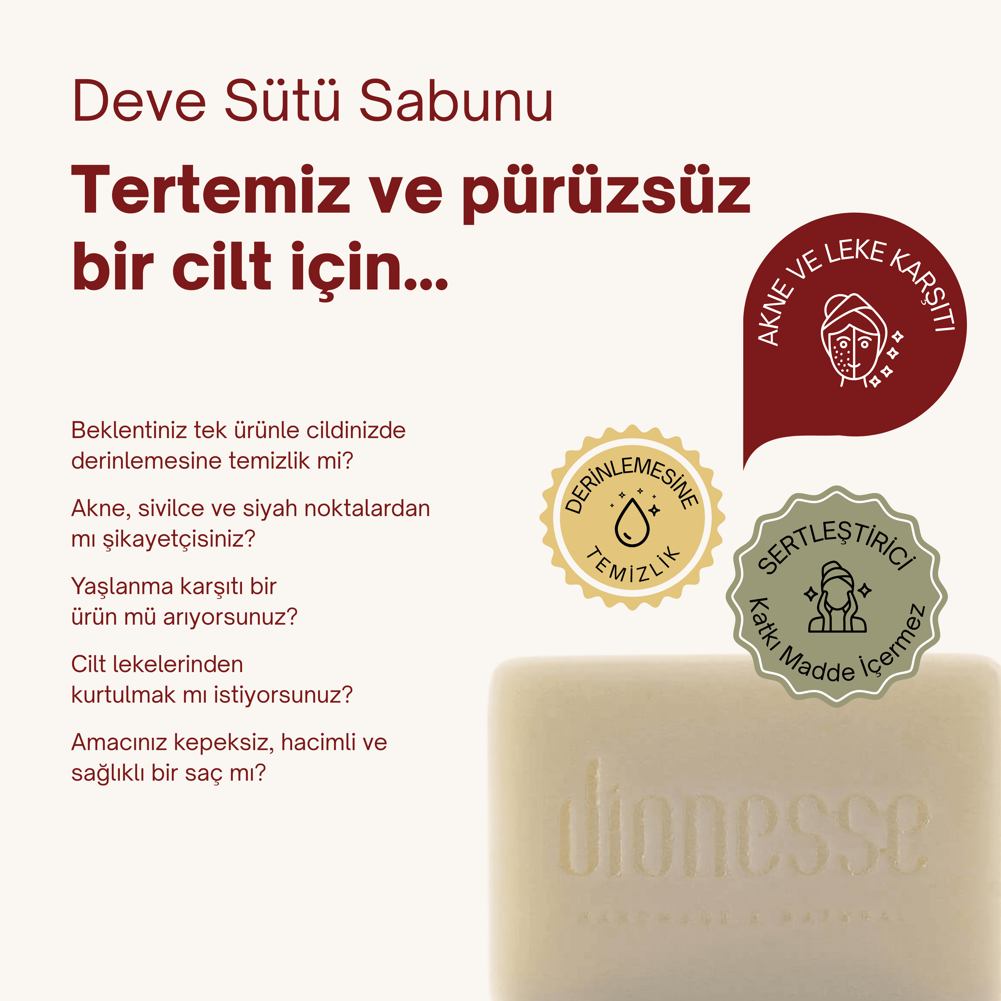 Doğal Deve Sütü Sabunu 120 gr - Sivilce ve Siyah Nokta Karşıtı, Cilt Lekelerini Giderici, Saç Güçlendirici Sabun
